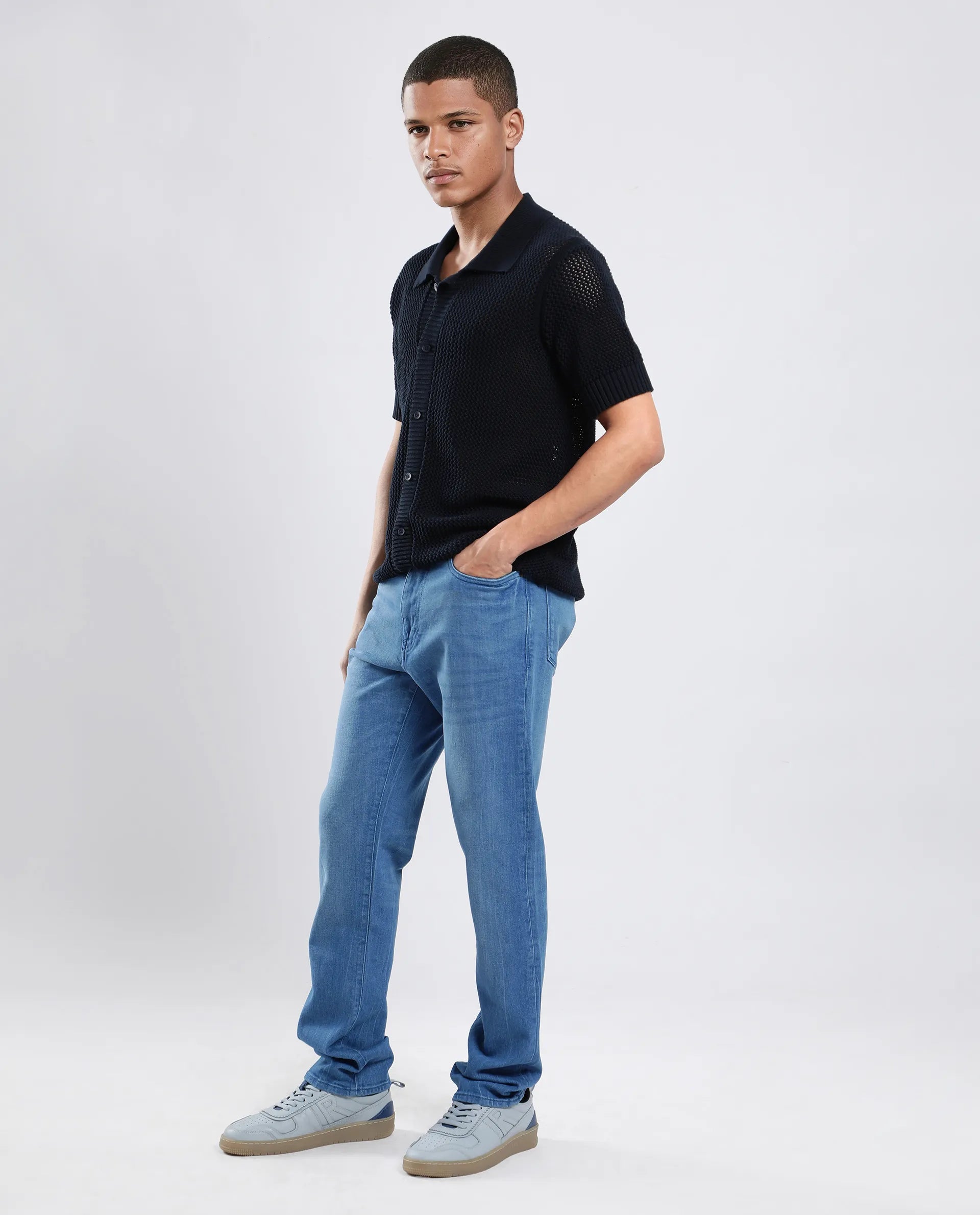 Rare Rabbit Men's Vlad-4 Blue Cotton Blend Plain Morris Regular Fit Jeans