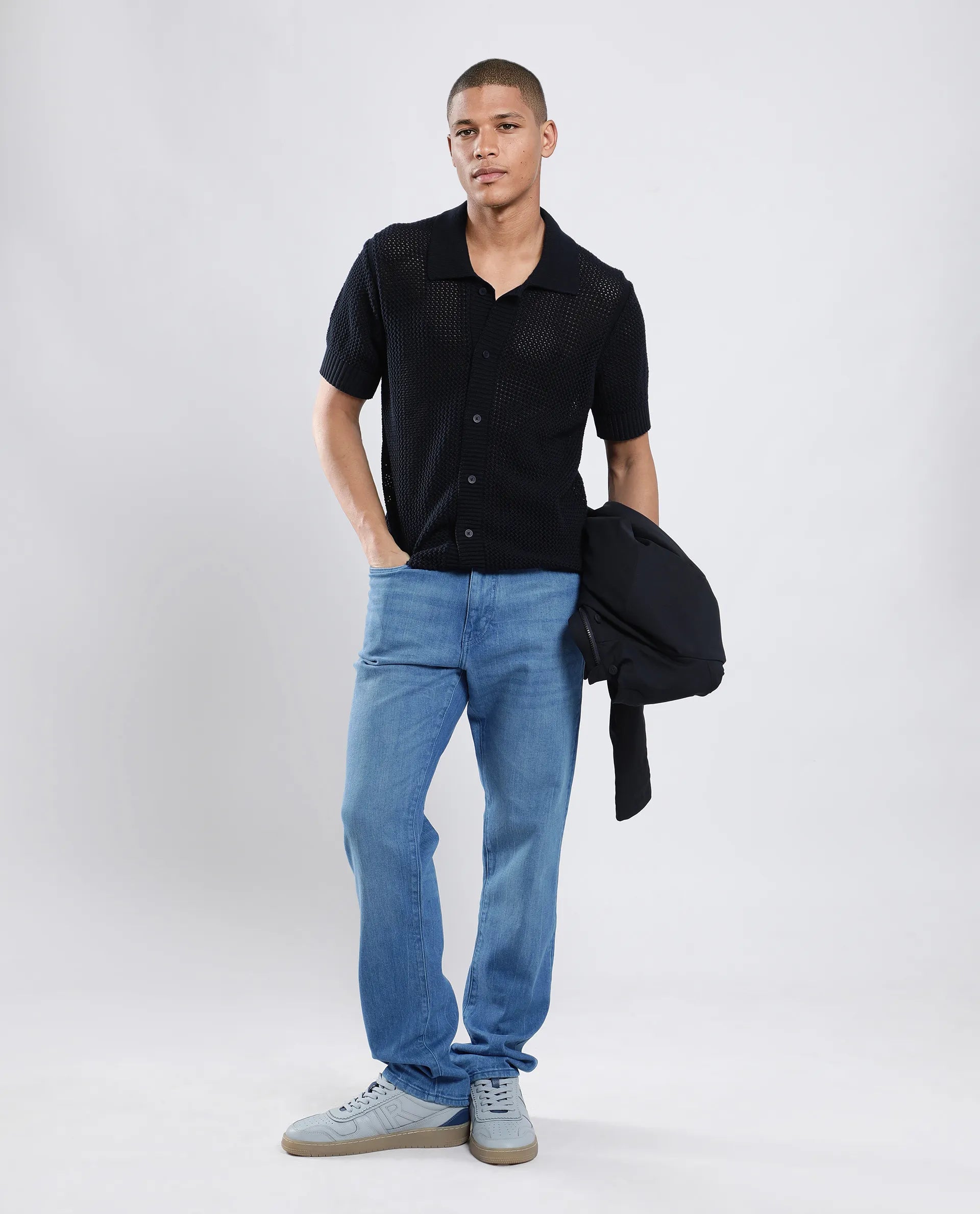 Rare Rabbit Men's Vlad-4 Blue Cotton Blend Plain Morris Regular Fit Jeans