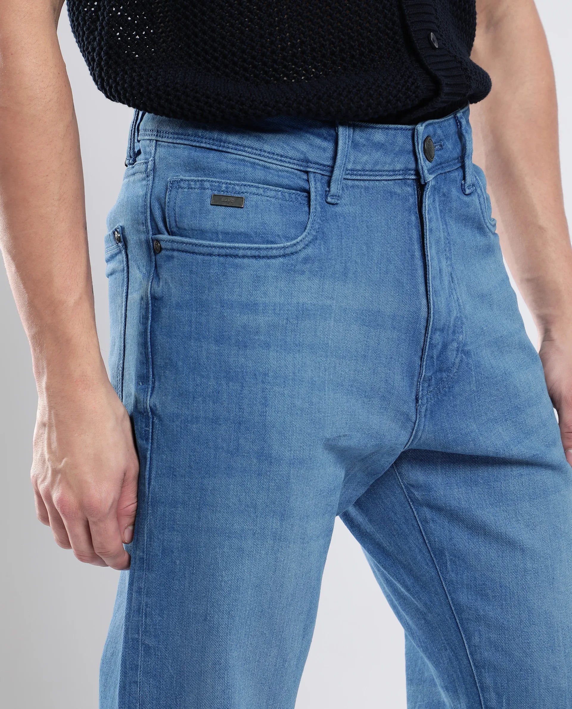 Rare Rabbit Men's Vlad-4 Blue Cotton Blend Plain Morris Regular Fit Jeans