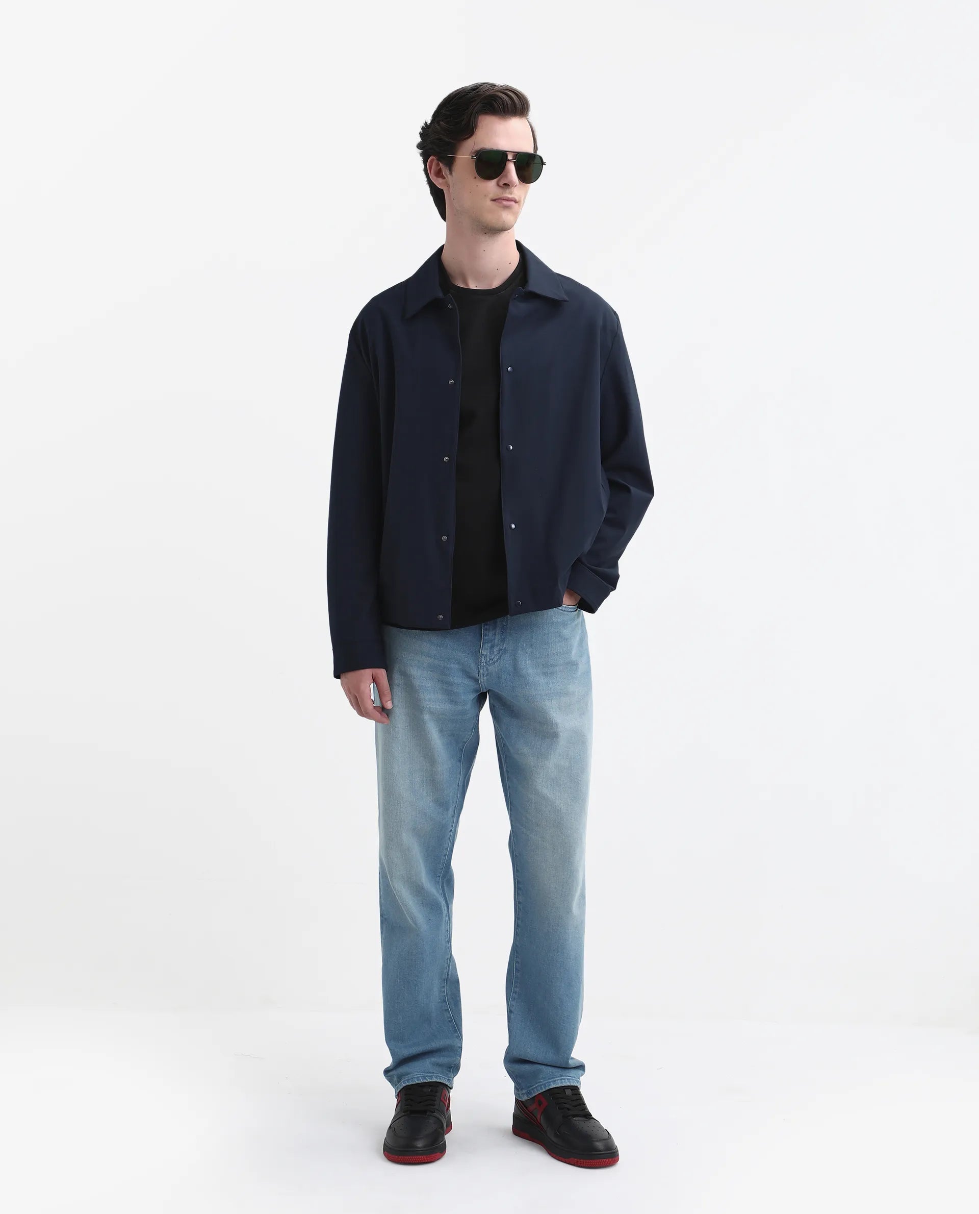 Rare Rabbit Men's Vlad-D Blue Cotton Blend Plain Kurt Carrot Fit Jeans