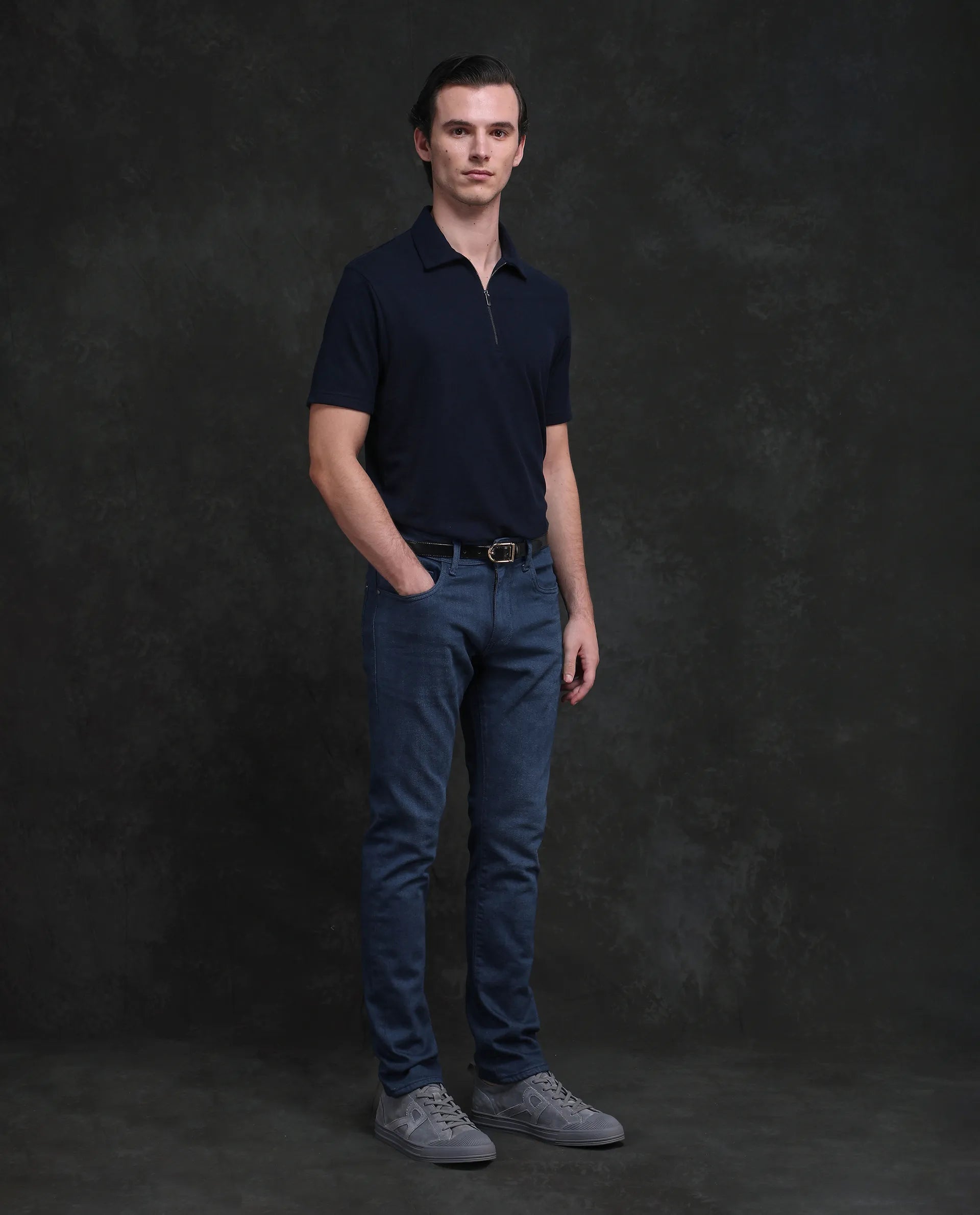 Rare Rabbit Men Vlad-G Dark Blue Cotton Blend Fabric Button Closure Slim Fit Plain Jeans