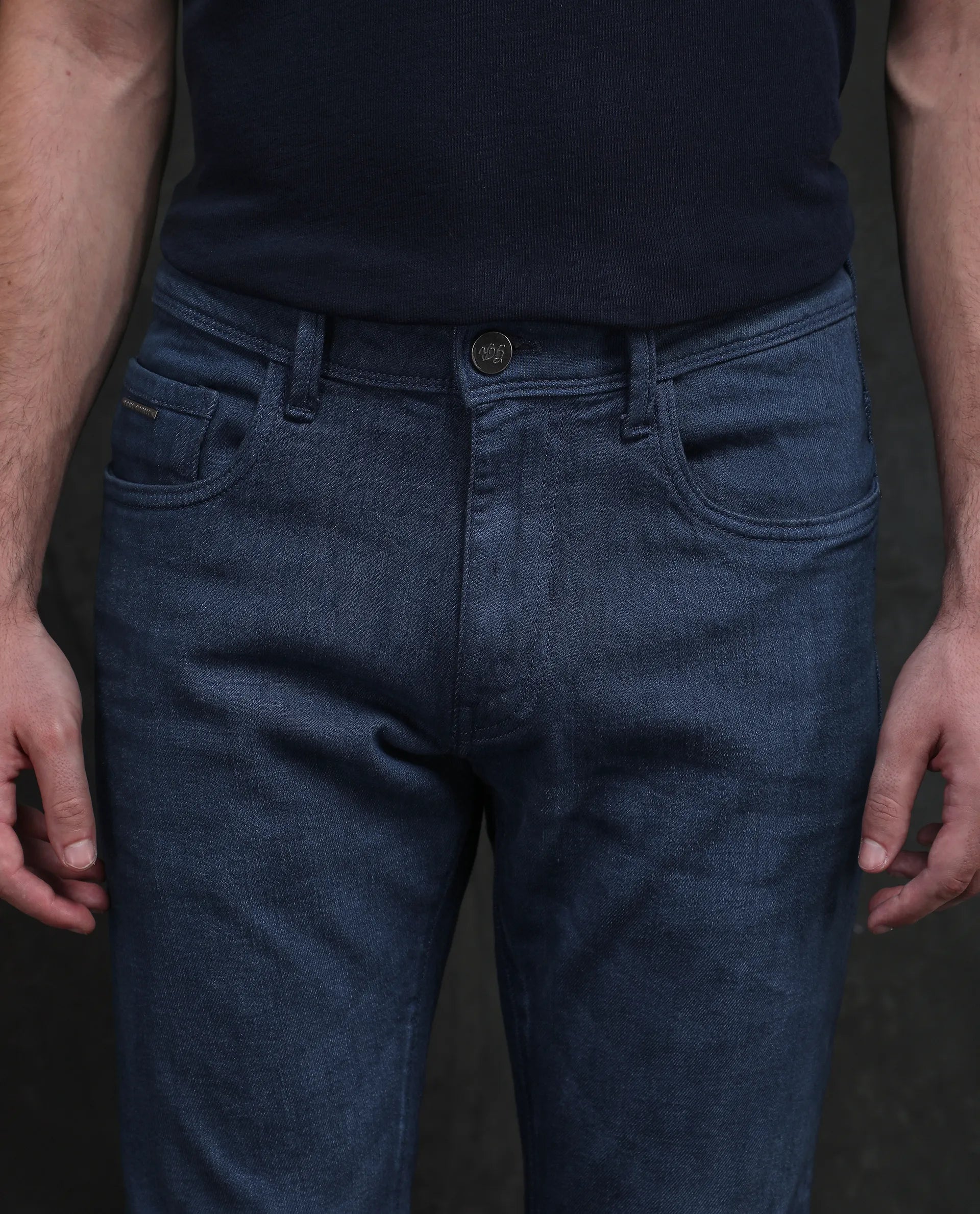 Rare Rabbit Men Vlad-G Dark Blue Cotton Blend Fabric Button Closure Slim Fit Plain Jeans