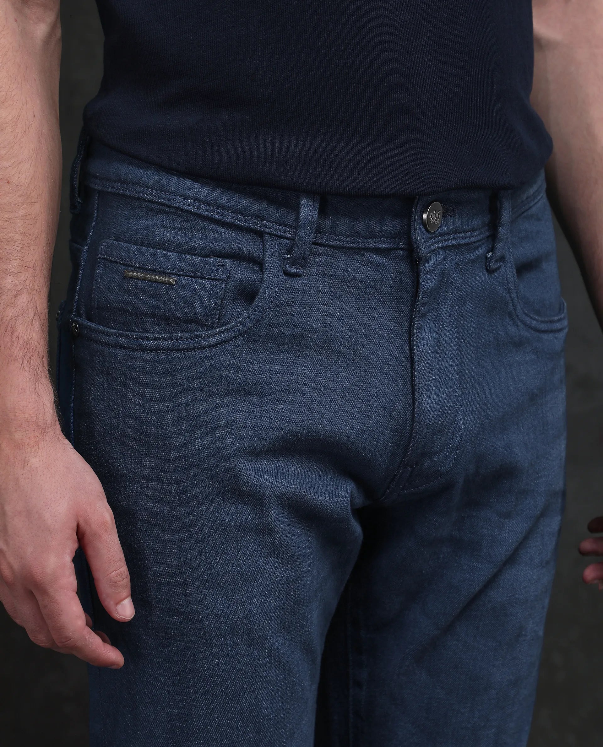 Rare Rabbit Men Vlad-G Dark Blue Cotton Blend Fabric Button Closure Slim Fit Plain Jeans