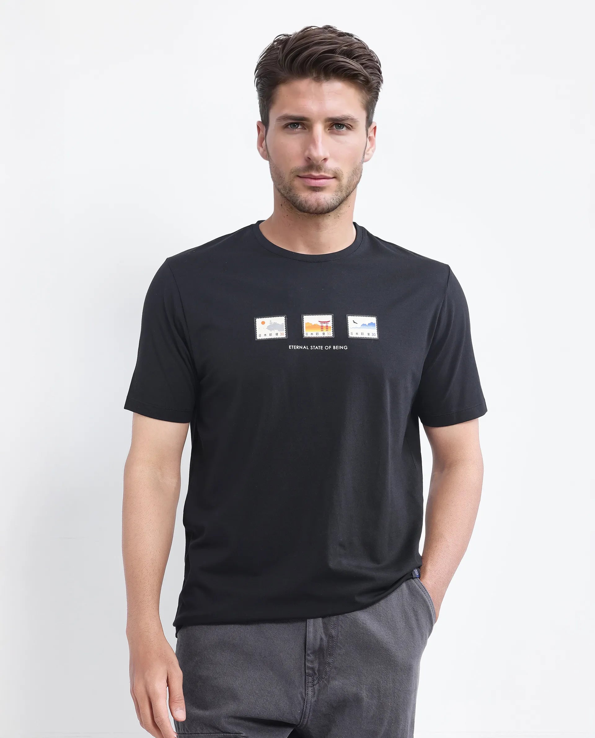 Rare Rabbit Men Vob Black Cotton Lycra Fabric Short Sleeve Crew Neck Slip-On Plain T-Shirt