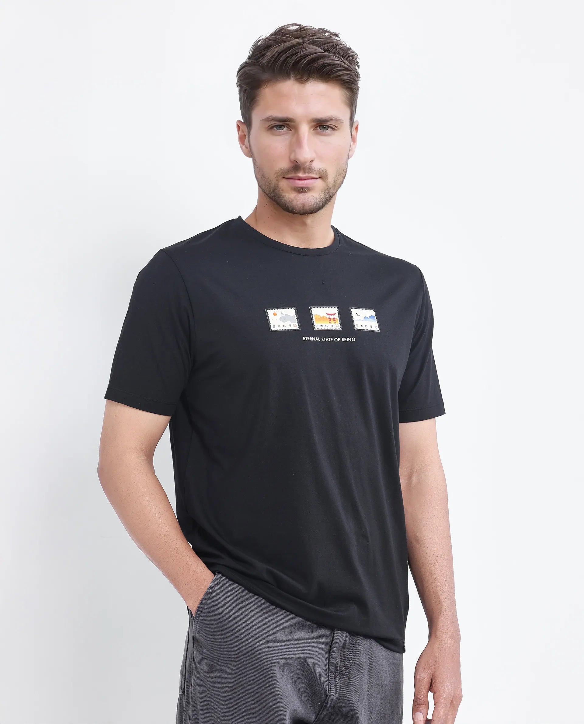 Rare Rabbit Men Vob Black Cotton Lycra Fabric Short Sleeve Crew Neck Slip-On Plain T-Shirt