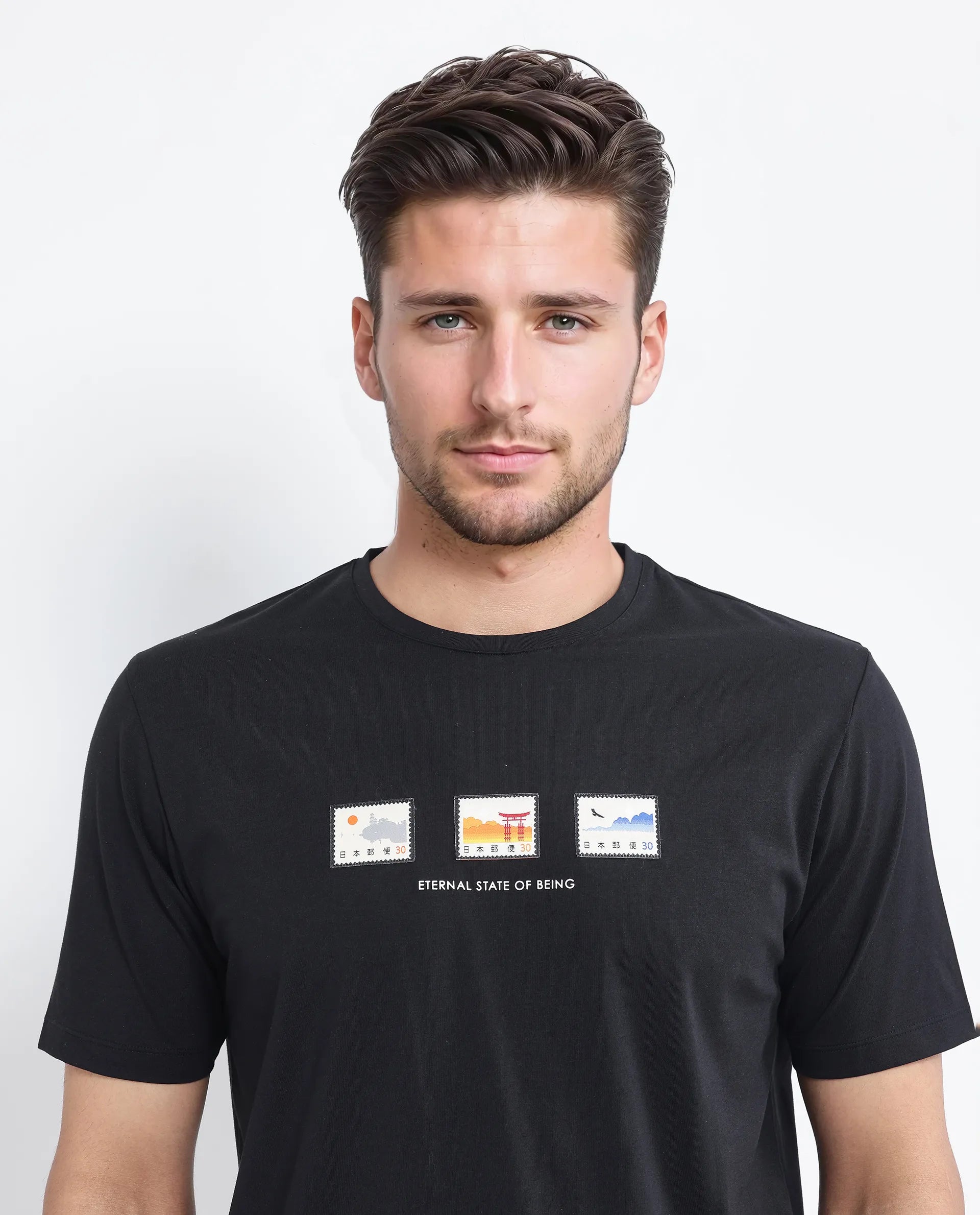 Rare Rabbit Men Vob Black Cotton Lycra Fabric Short Sleeve Crew Neck Slip-On Plain T-Shirt