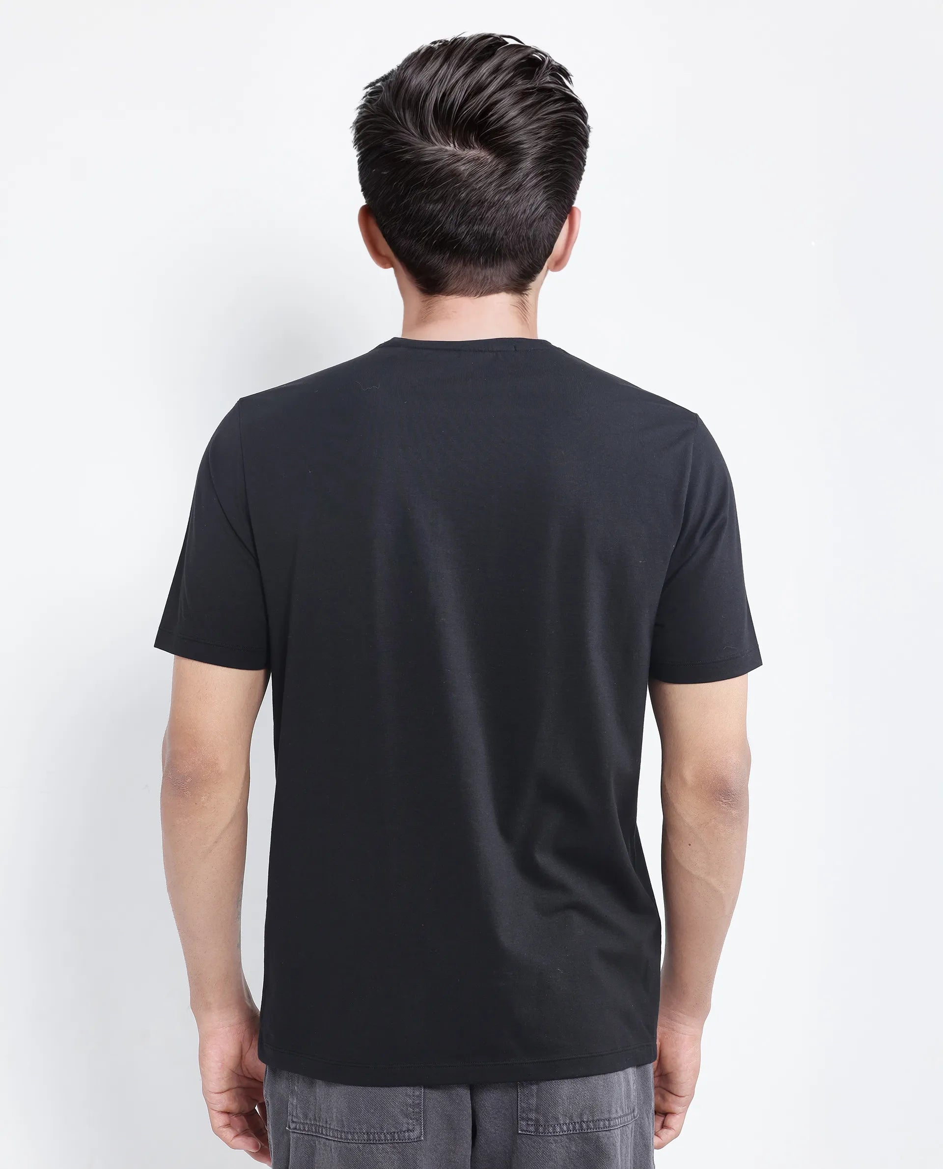 Rare Rabbit Men Vob Black Cotton Lycra Fabric Short Sleeve Crew Neck Slip-On Plain T-Shirt