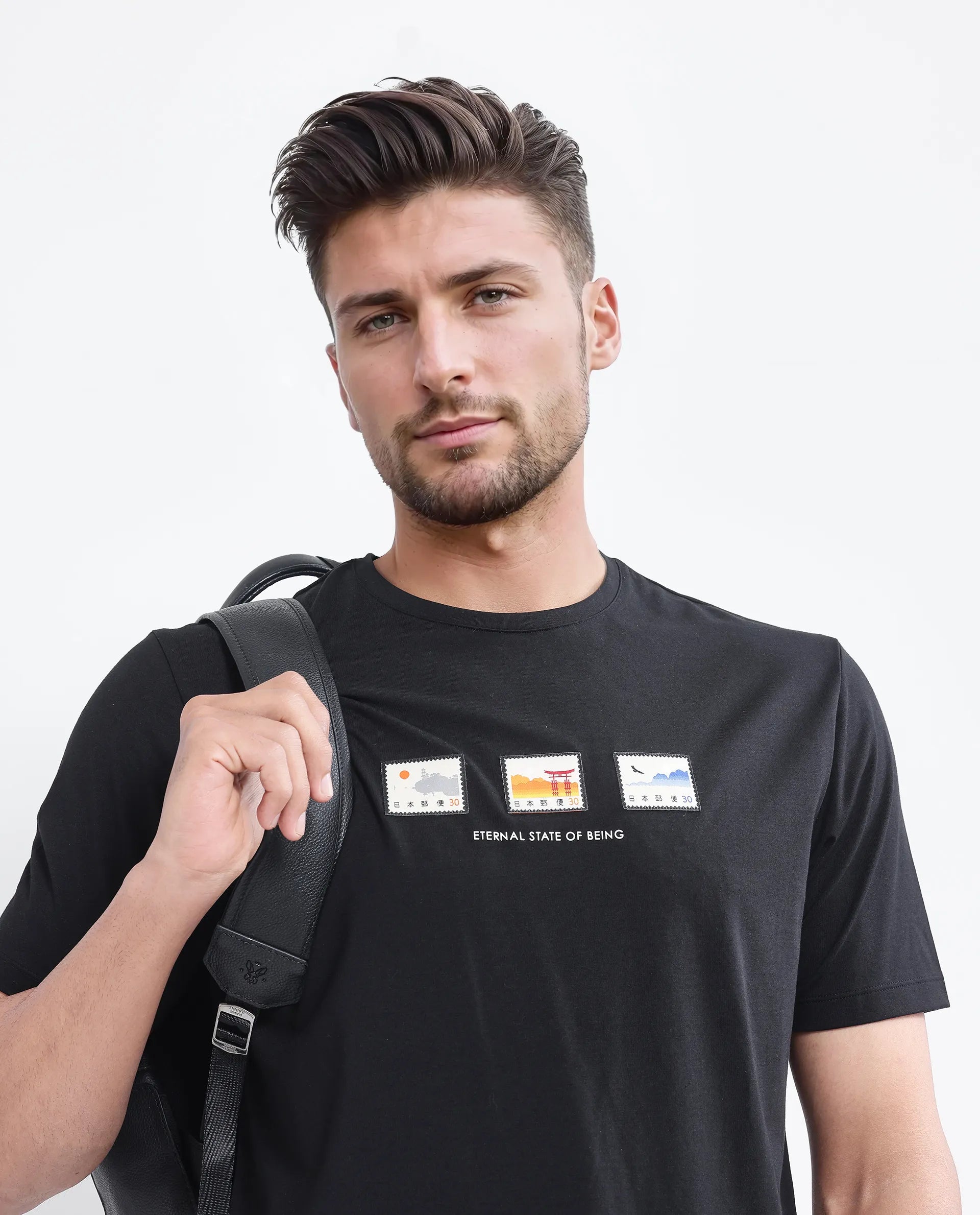 Rare Rabbit Men Vob Black Cotton Lycra Fabric Short Sleeve Crew Neck Slip-On Plain T-Shirt