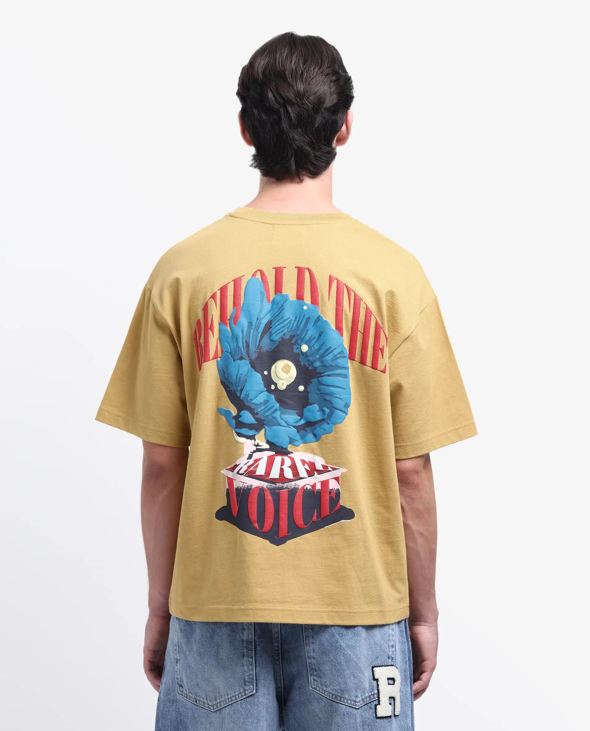 Rare Rabbit Men's Voiz Dusky Mustard Cotton Graphic Print Oversized Fit Half Sleeve Crew Neck T-Shirt