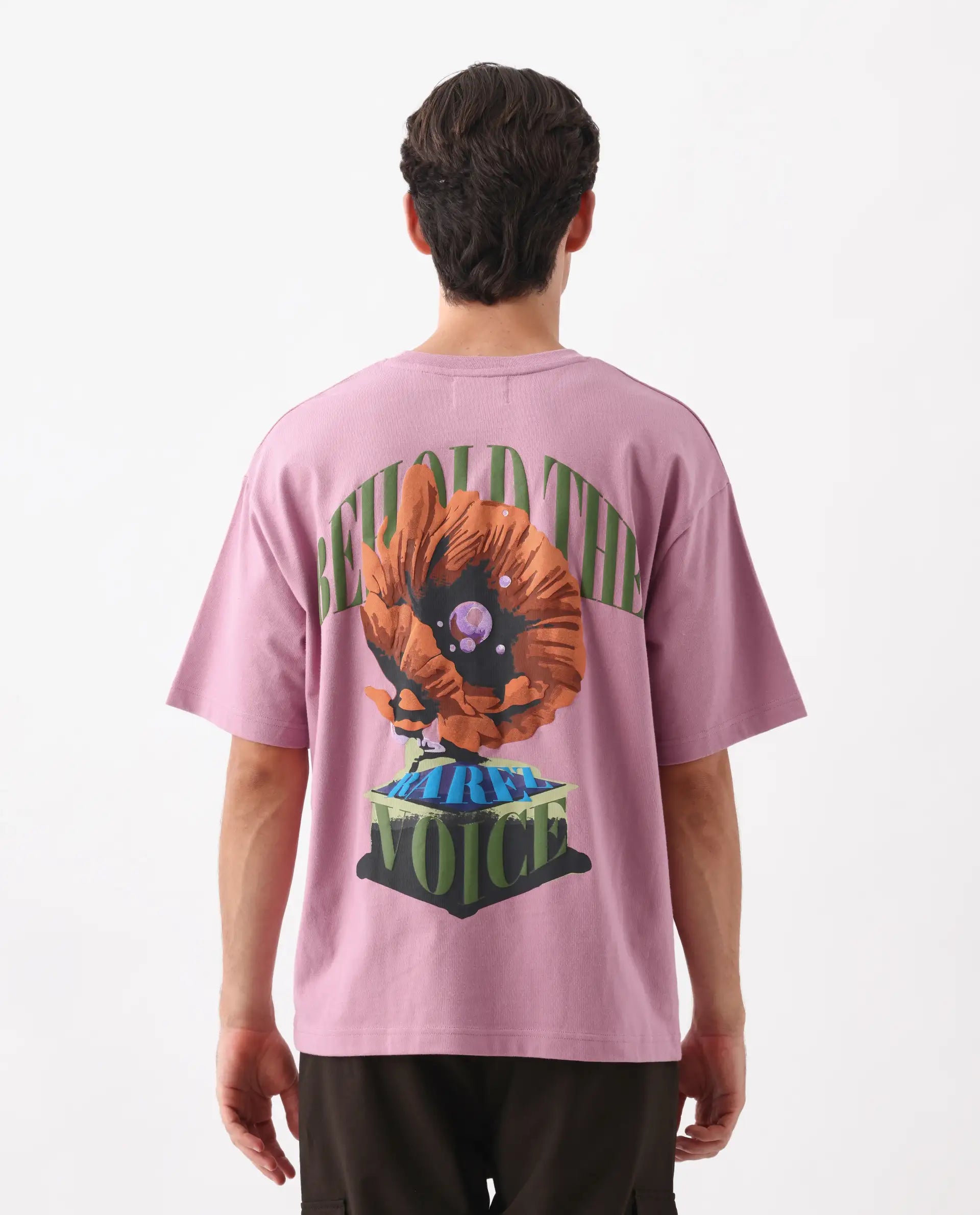 Rare Rabbit Men's Voiz Pink Cotton Graphic Print Oversized Fit Half Sleeve Crew Neck T-Shirt