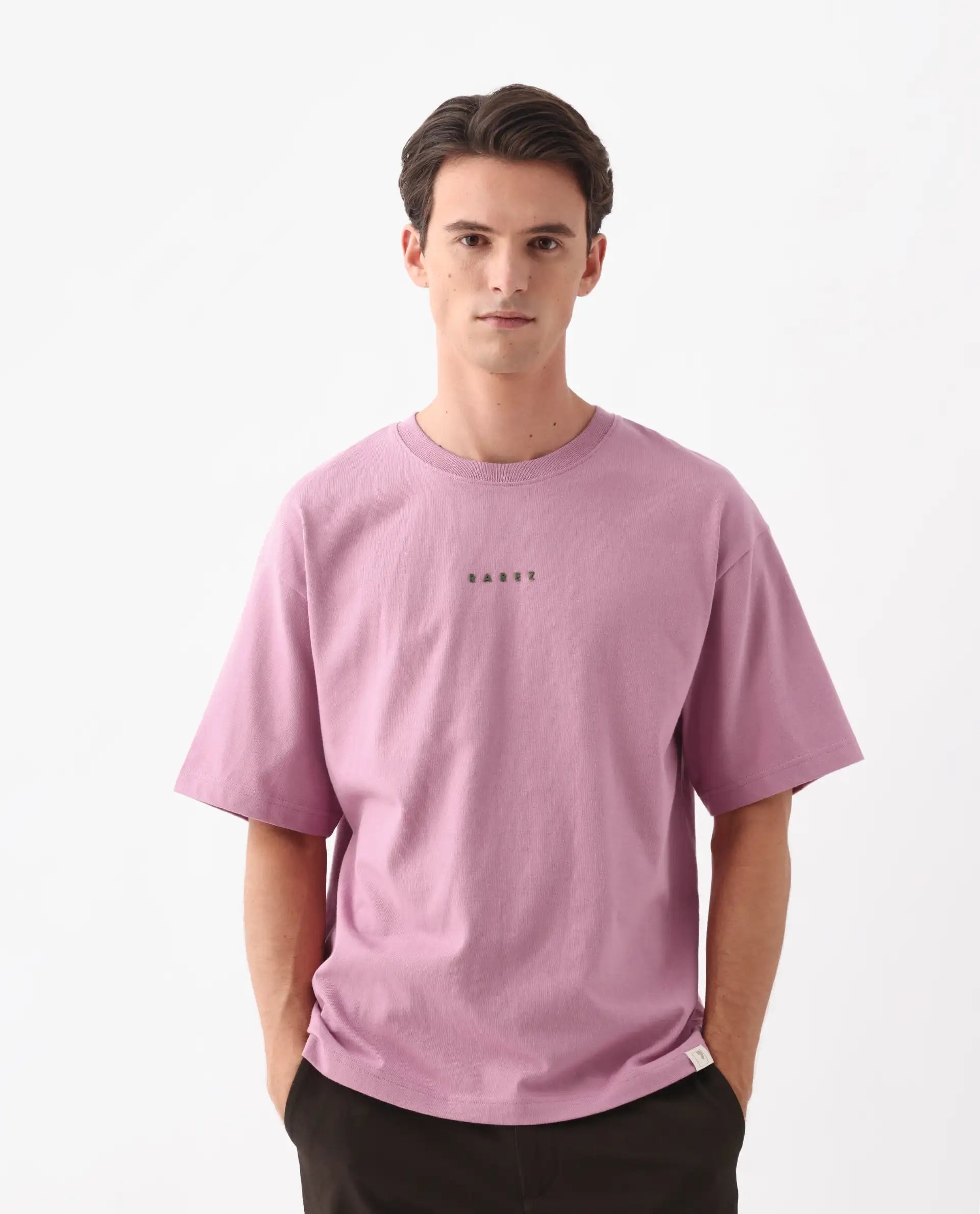 Rare Rabbit Men's Voiz Pink Cotton Graphic Print Oversized Fit Half Sleeve Crew Neck T-Shirt