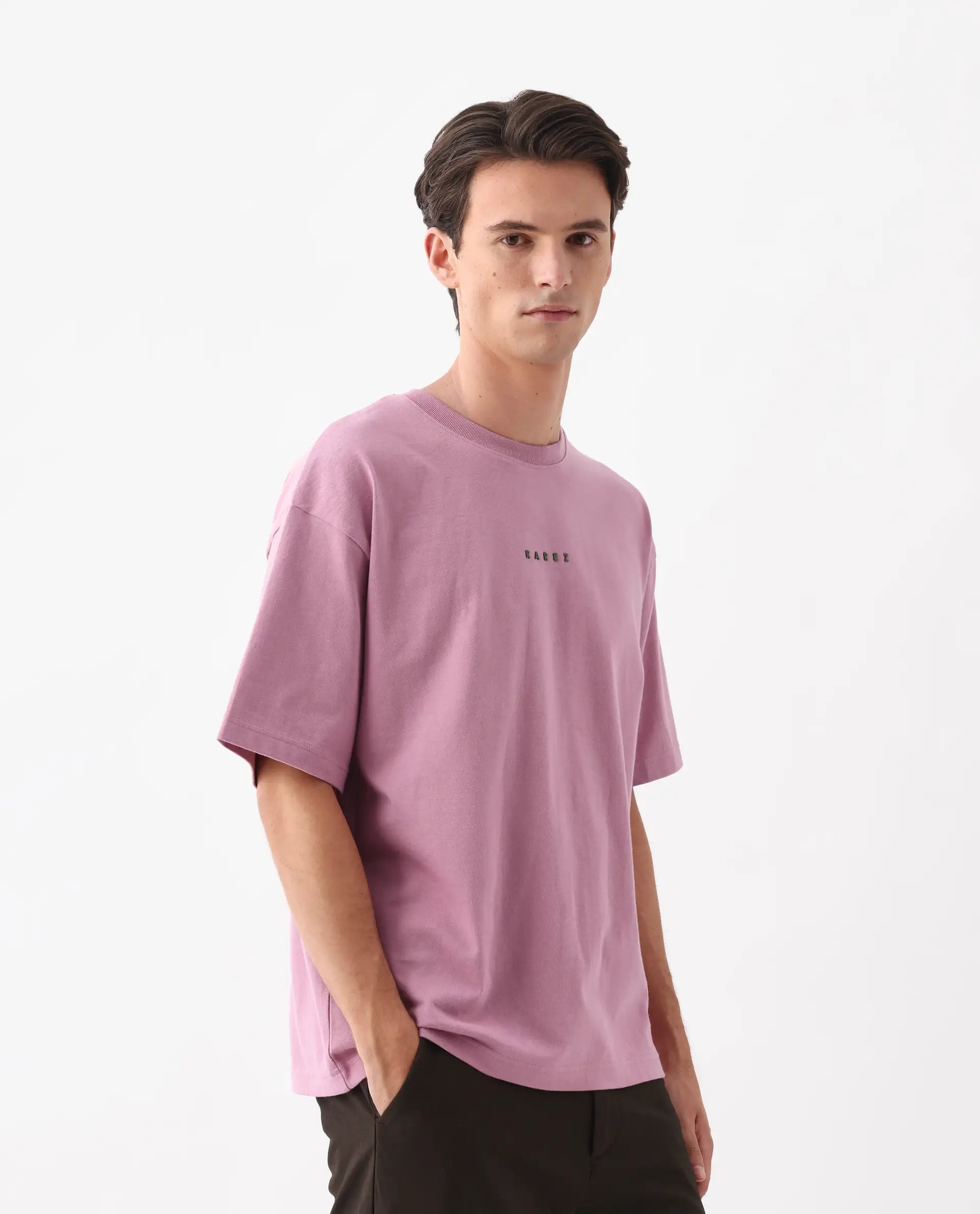 Rare Rabbit Men's Voiz Pink Cotton Graphic Print Oversized Fit Half Sleeve Crew Neck T-Shirt