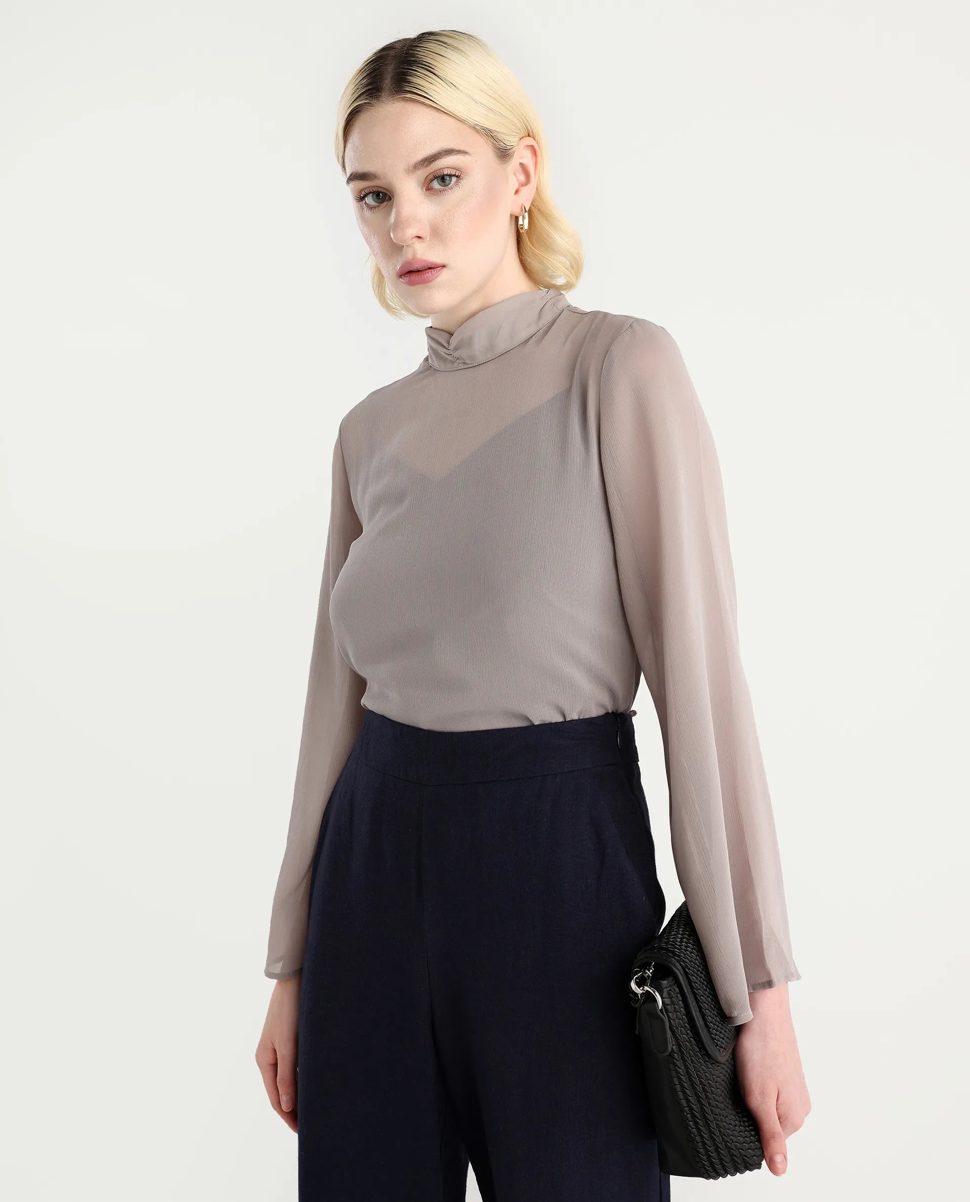 Rareism Women's Vokas Grey Polyester High Neck Plain Bell Sleeve Relaxed Fit Top