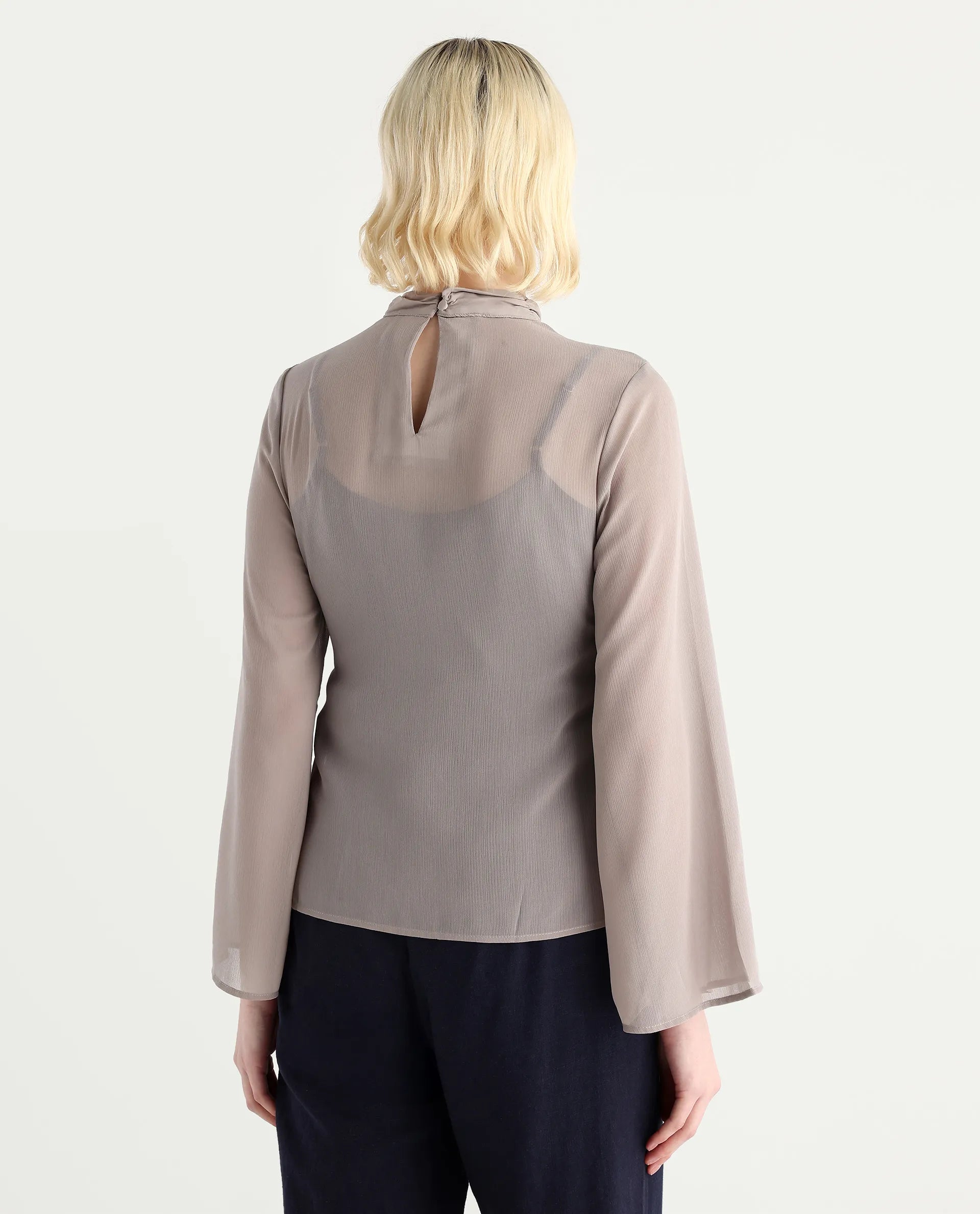 Rareism Women's Vokas Grey Polyester High Neck Plain Bell Sleeve Relaxed Fit Top