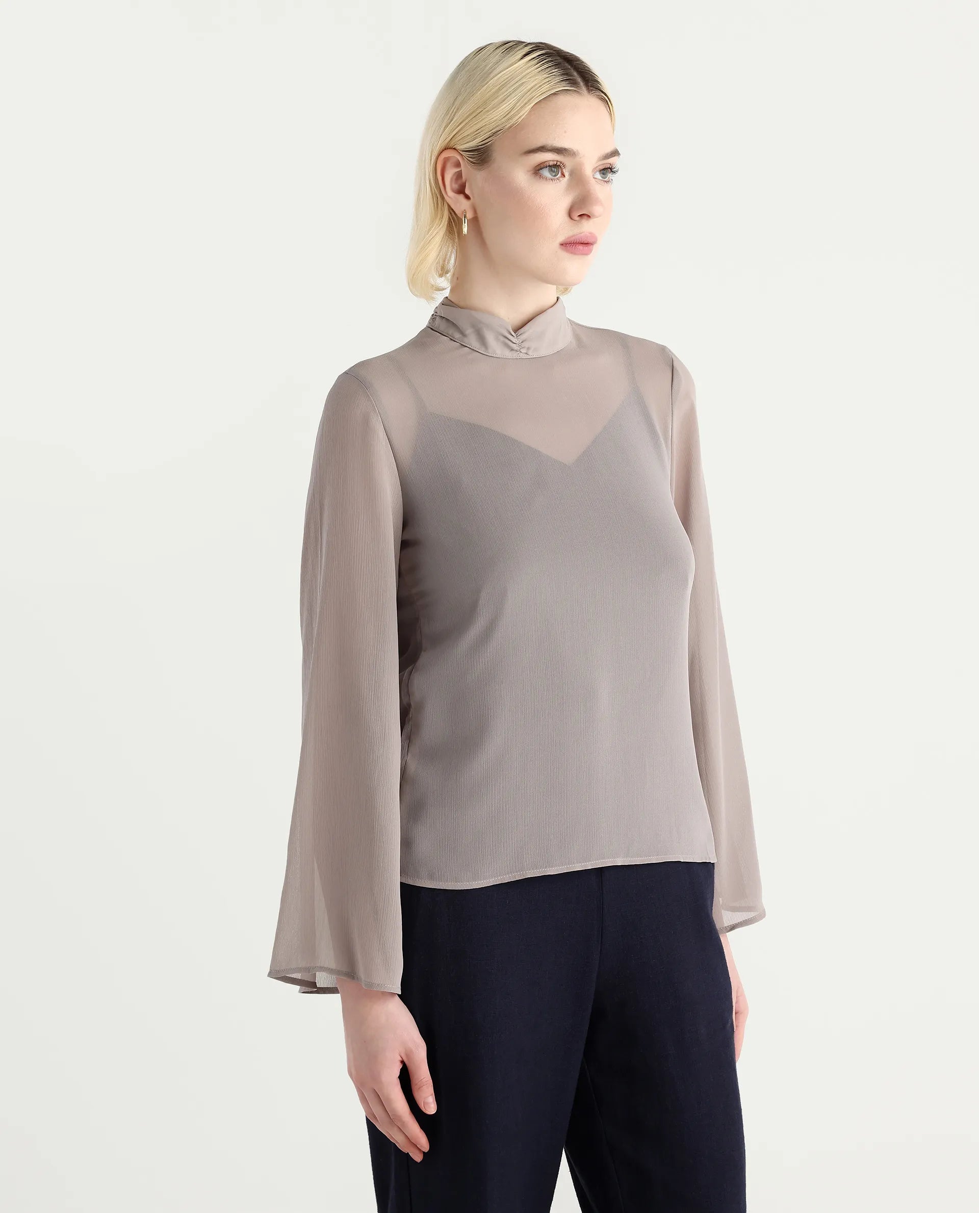 Rareism Women's Vokas Grey Polyester High Neck Plain Bell Sleeve Relaxed Fit Top