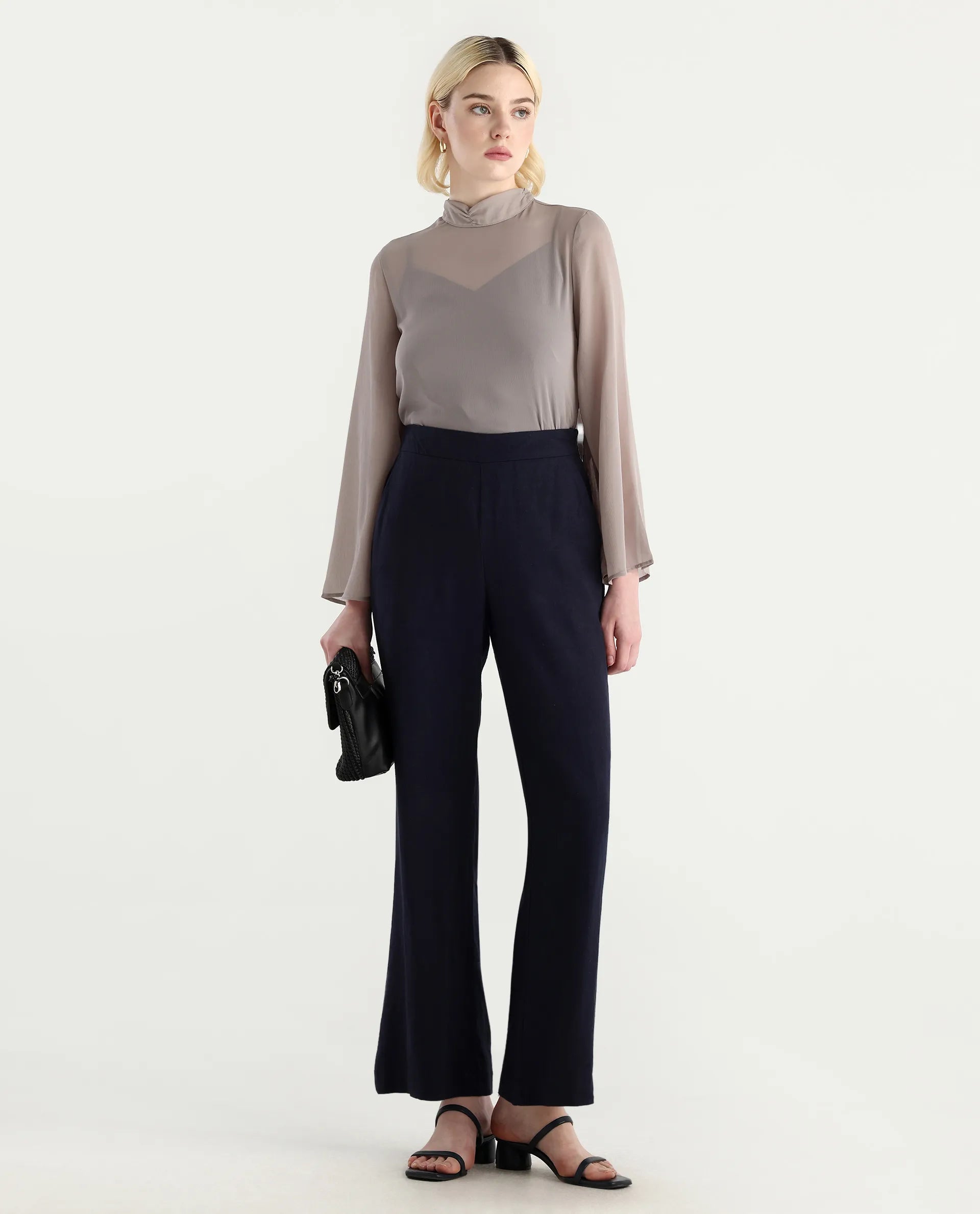 Rareism Women's Vokas Grey Polyester High Neck Plain Bell Sleeve Relaxed Fit Top