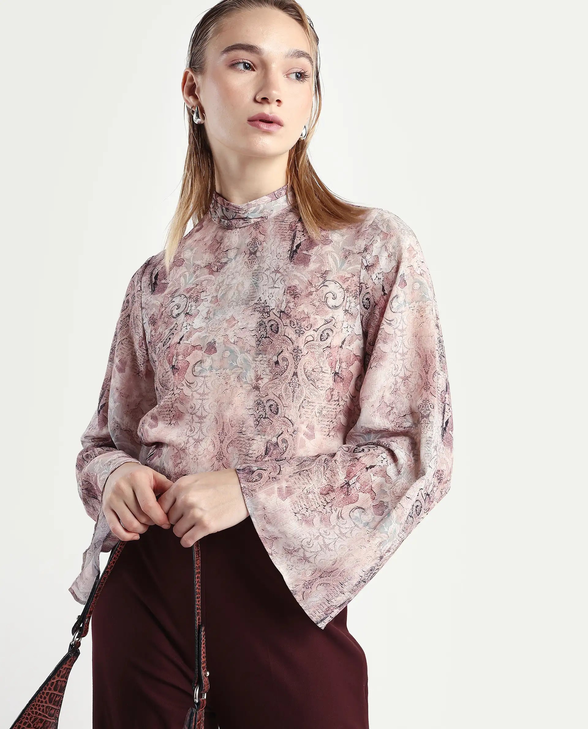 Rareism Women's Vokasna Multi Polyester High Neck Paisley Print Bell Sleeve Relaxed Fit Top