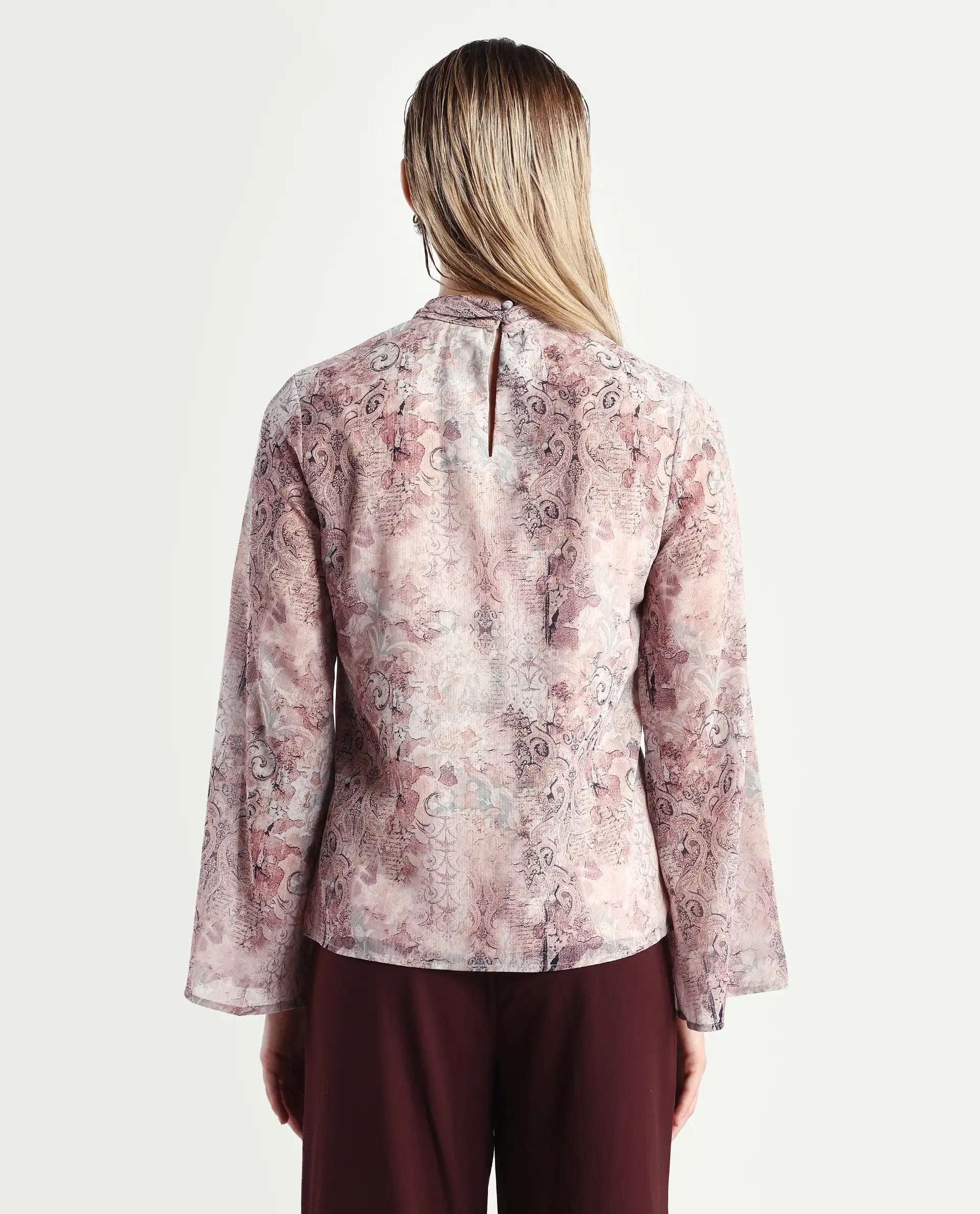 Rareism Women's Vokasna Multi Polyester High Neck Paisley Print Bell Sleeve Relaxed Fit Top