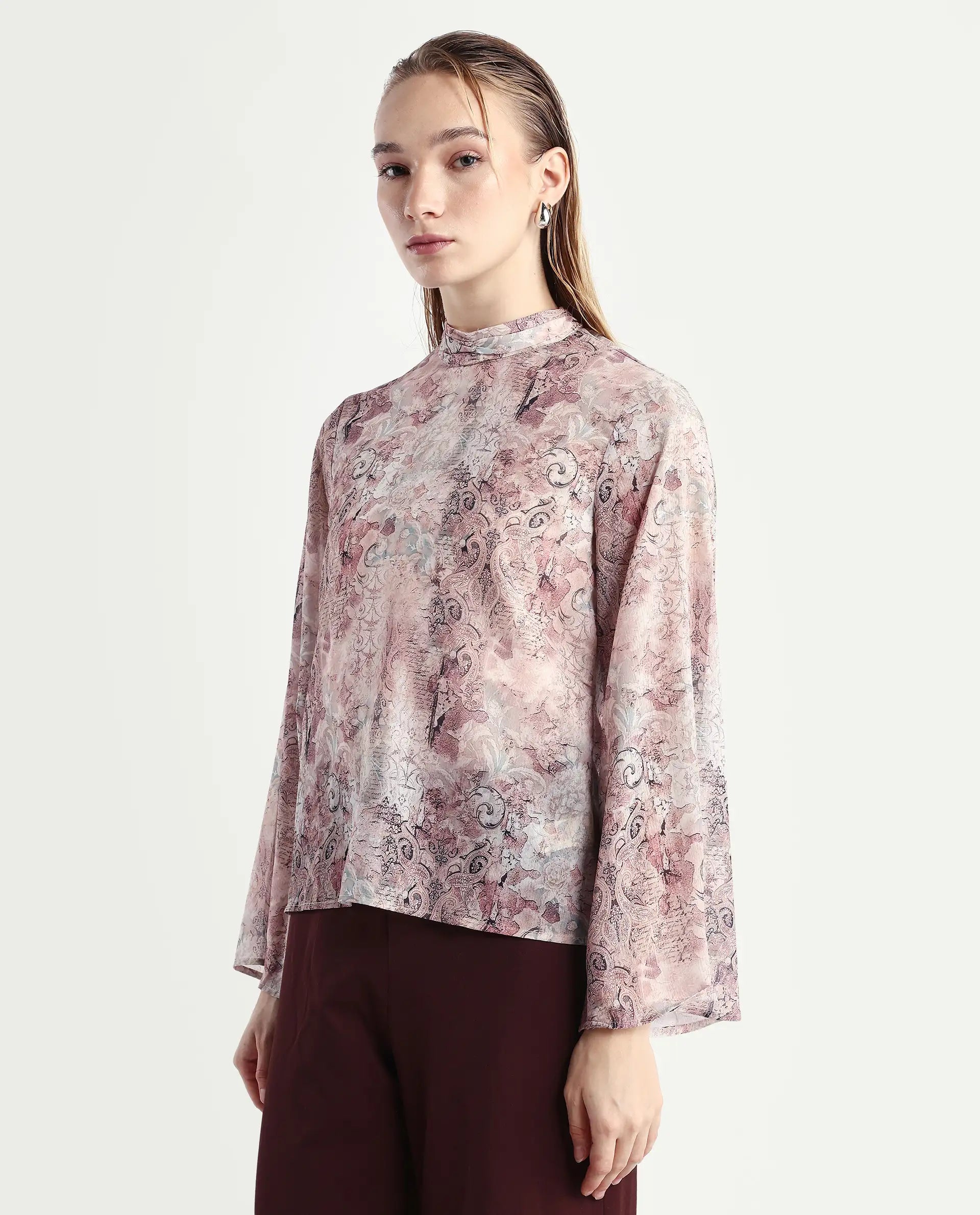 Rareism Women's Vokasna Multi Polyester High Neck Paisley Print Bell Sleeve Relaxed Fit Top