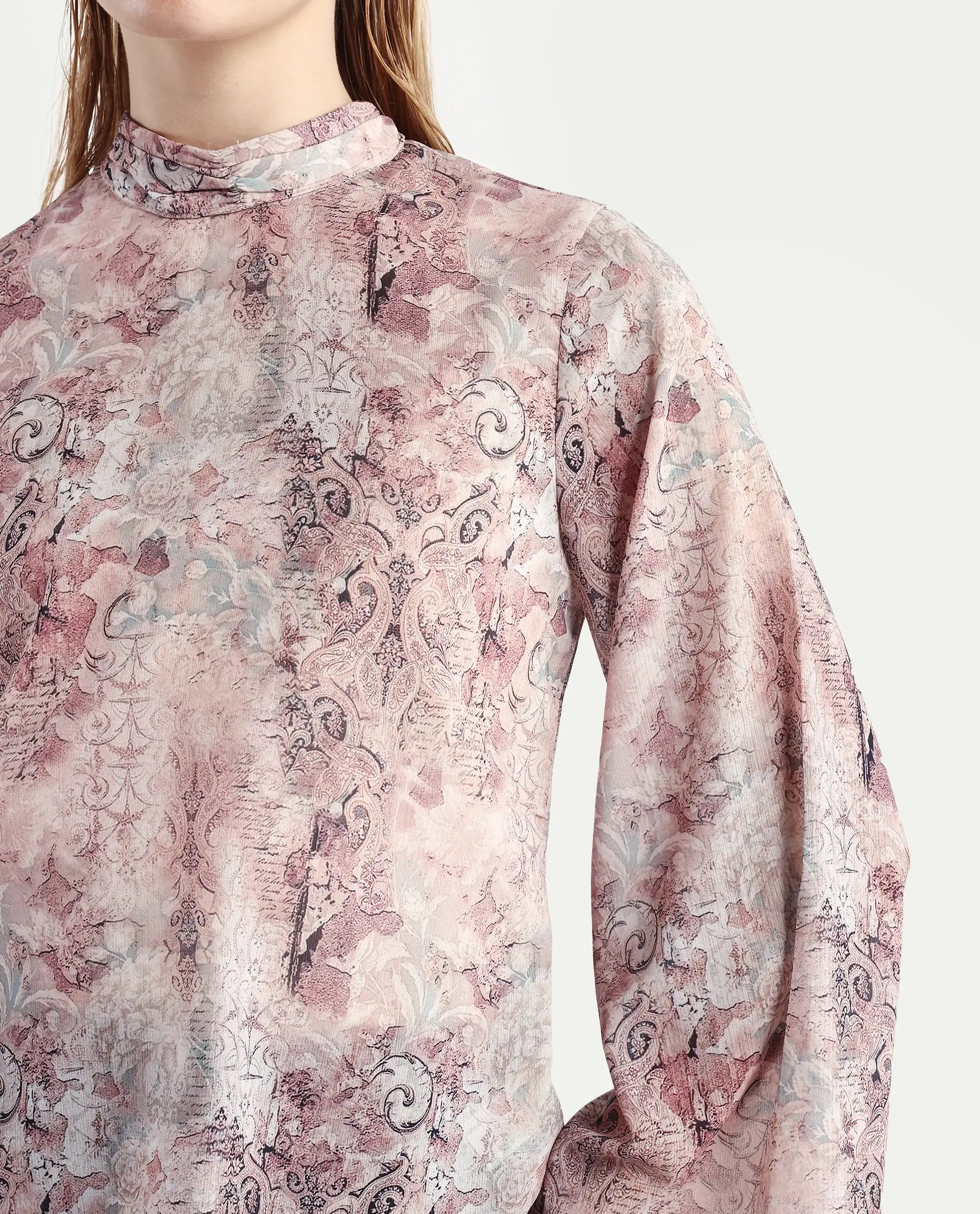 Rareism Women's Vokasna Multi Polyester High Neck Paisley Print Bell Sleeve Relaxed Fit Top