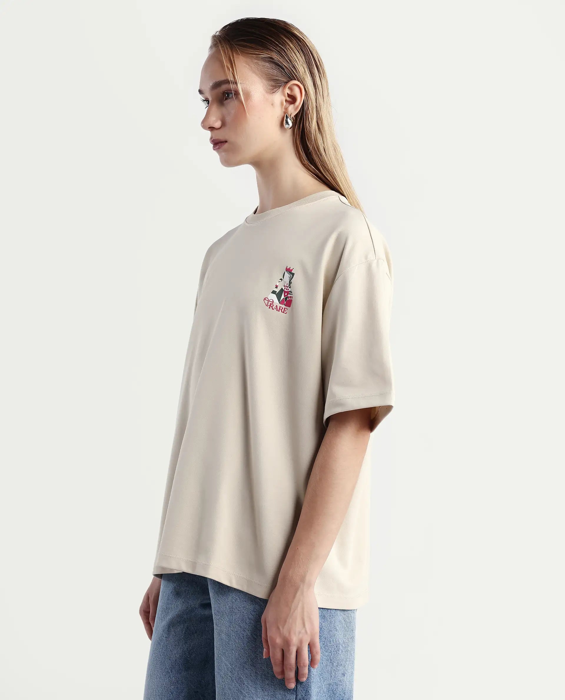 Rareism Women's Voke Beige Cotton Blend Crew Neck Graphic Print Oversized T-Shirt