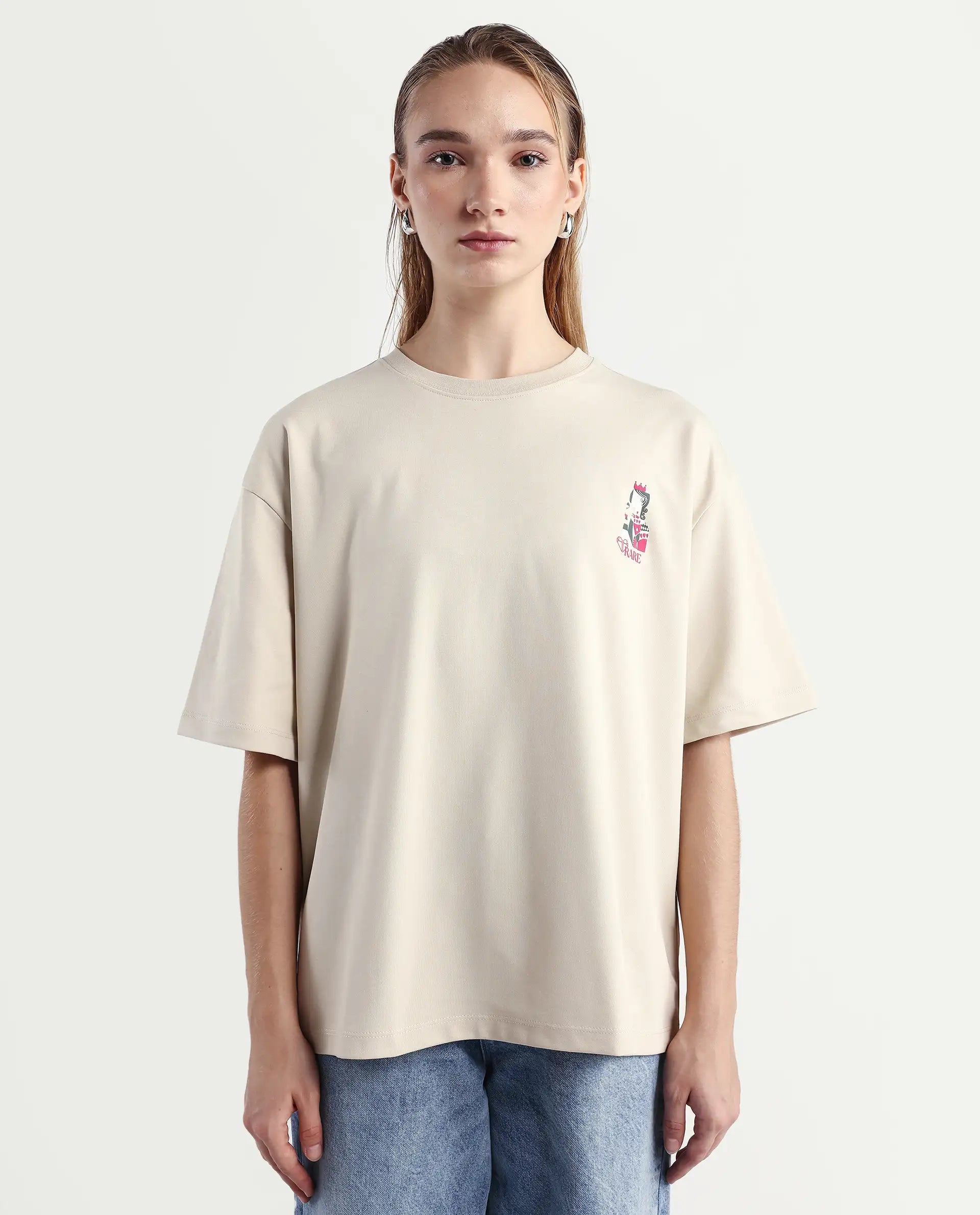 Rareism Women's Voke Beige Cotton Blend Crew Neck Graphic Print Oversized T-Shirt