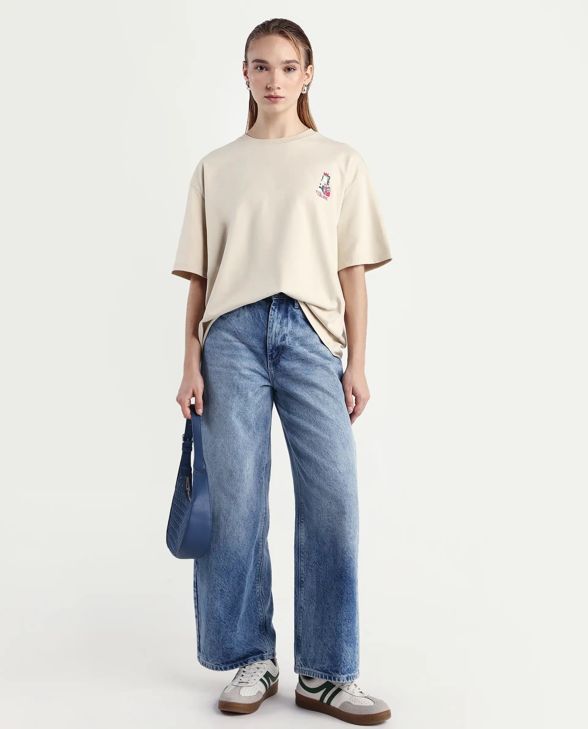 Rareism Women's Voke Beige Cotton Blend Crew Neck Graphic Print Oversized T-Shirt