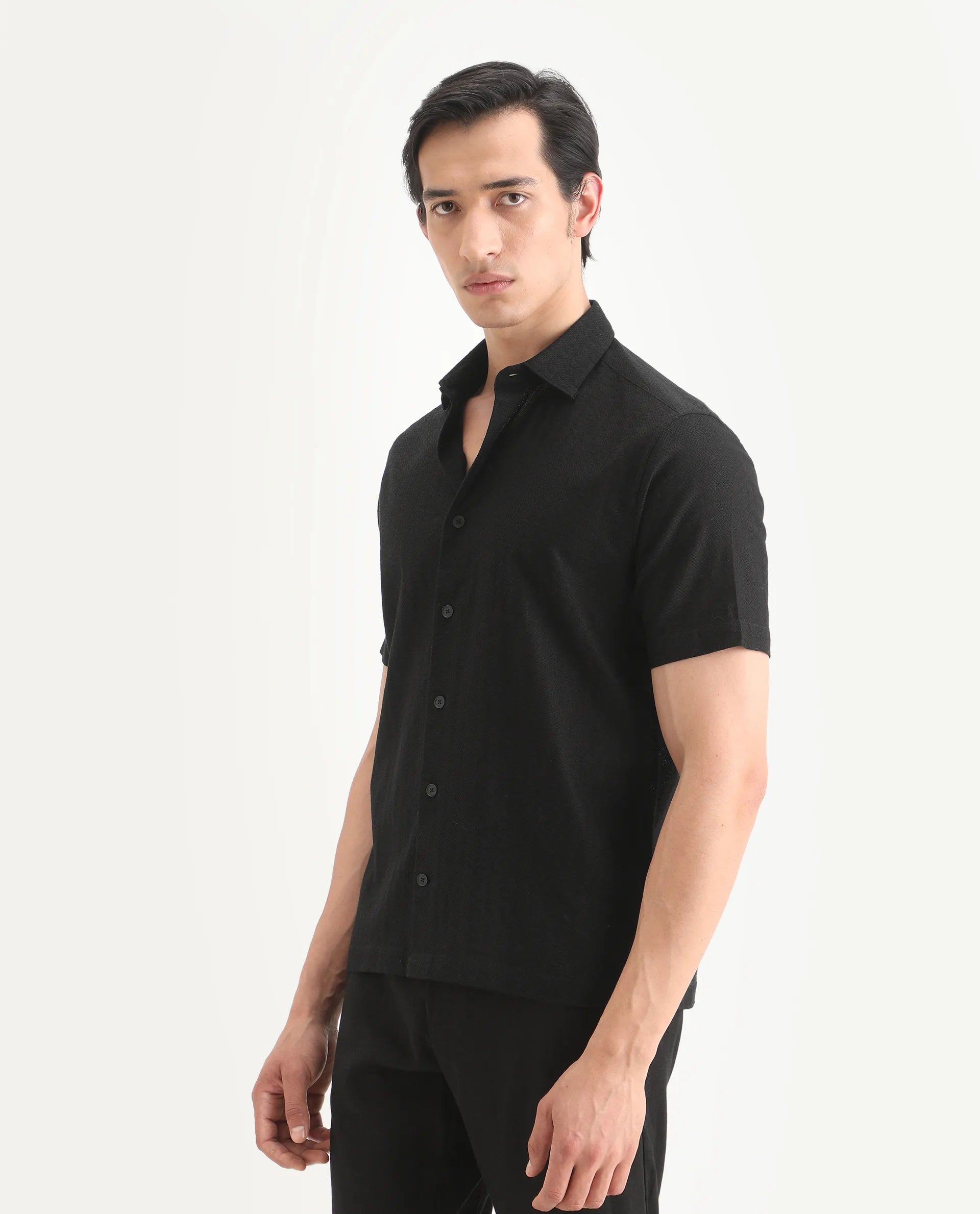 Rare Rabbit Men's Volda Black Cotton Fabric Half Sleeve Spread Collar Regular Fit Textured Shirt