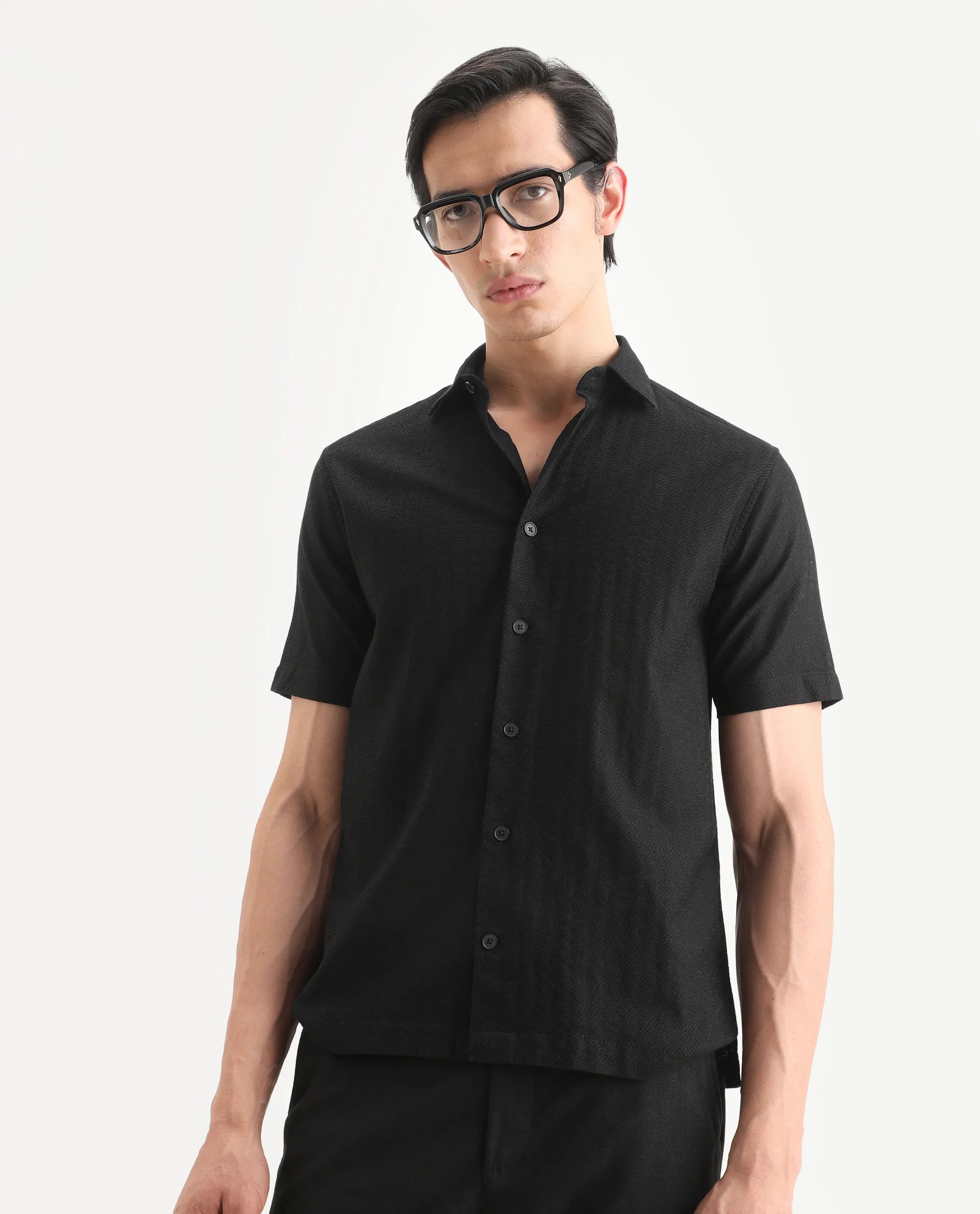 Rare Rabbit Men's Volda Black Cotton Fabric Half Sleeve Spread Collar Regular Fit Textured Shirt