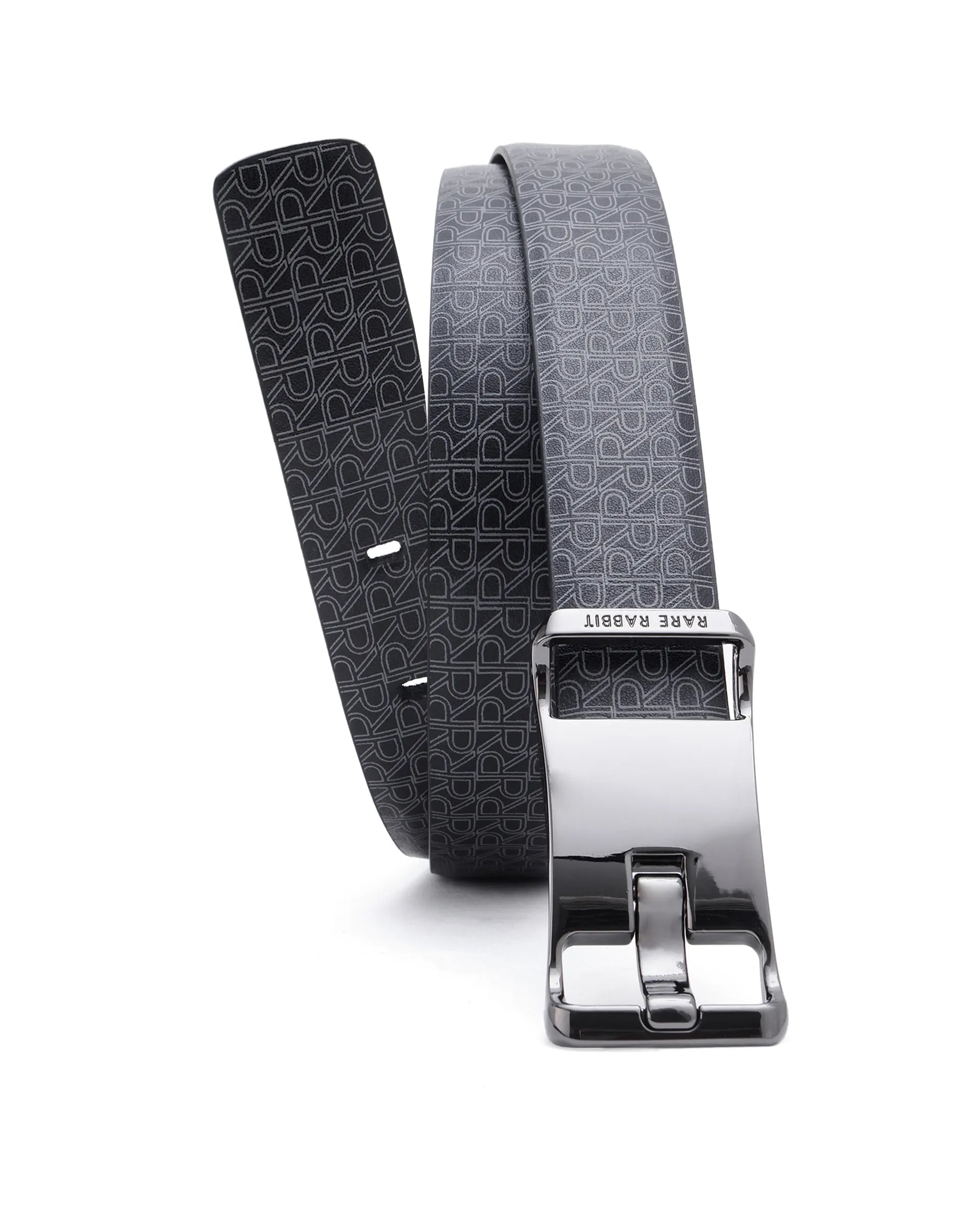 Rare Rabbit Men's Volde Black Reversible Monogram Print Gun Metal Belt