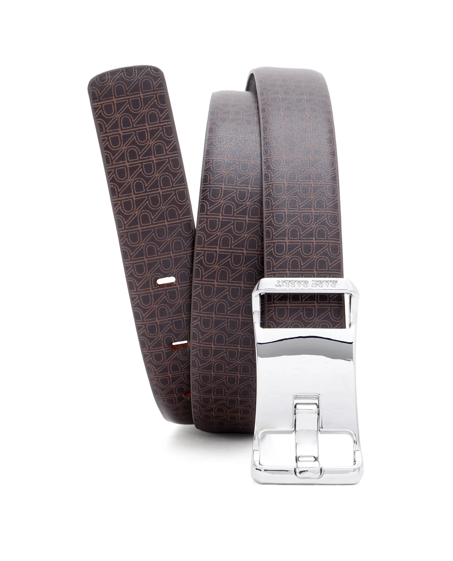 Rare Rabbit Men's Volde Brown Reversible Monogram Print Gun Metal Belt