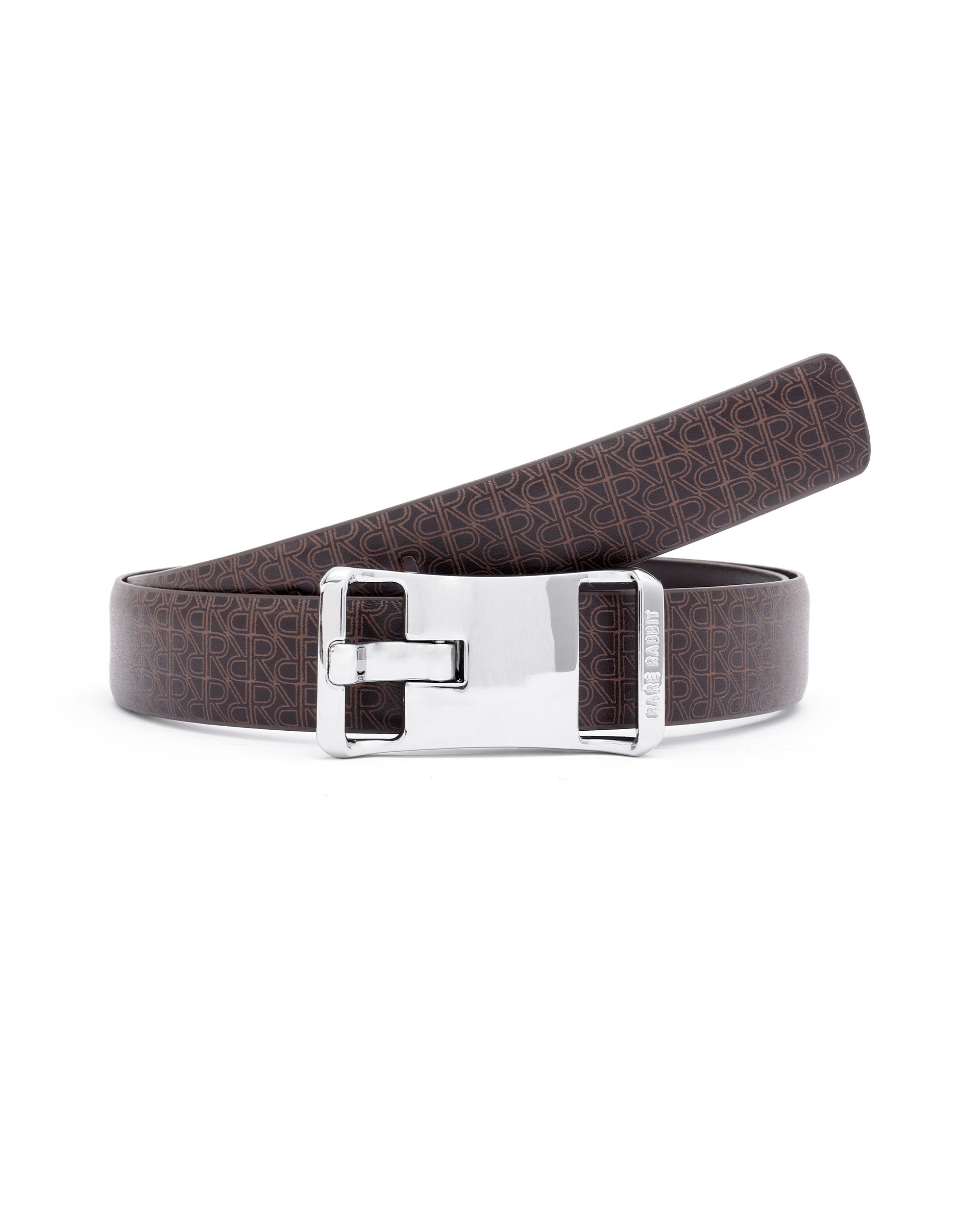 Rare Rabbit Men's Volde Brown Reversible Monogram Print Gun Metal Belt