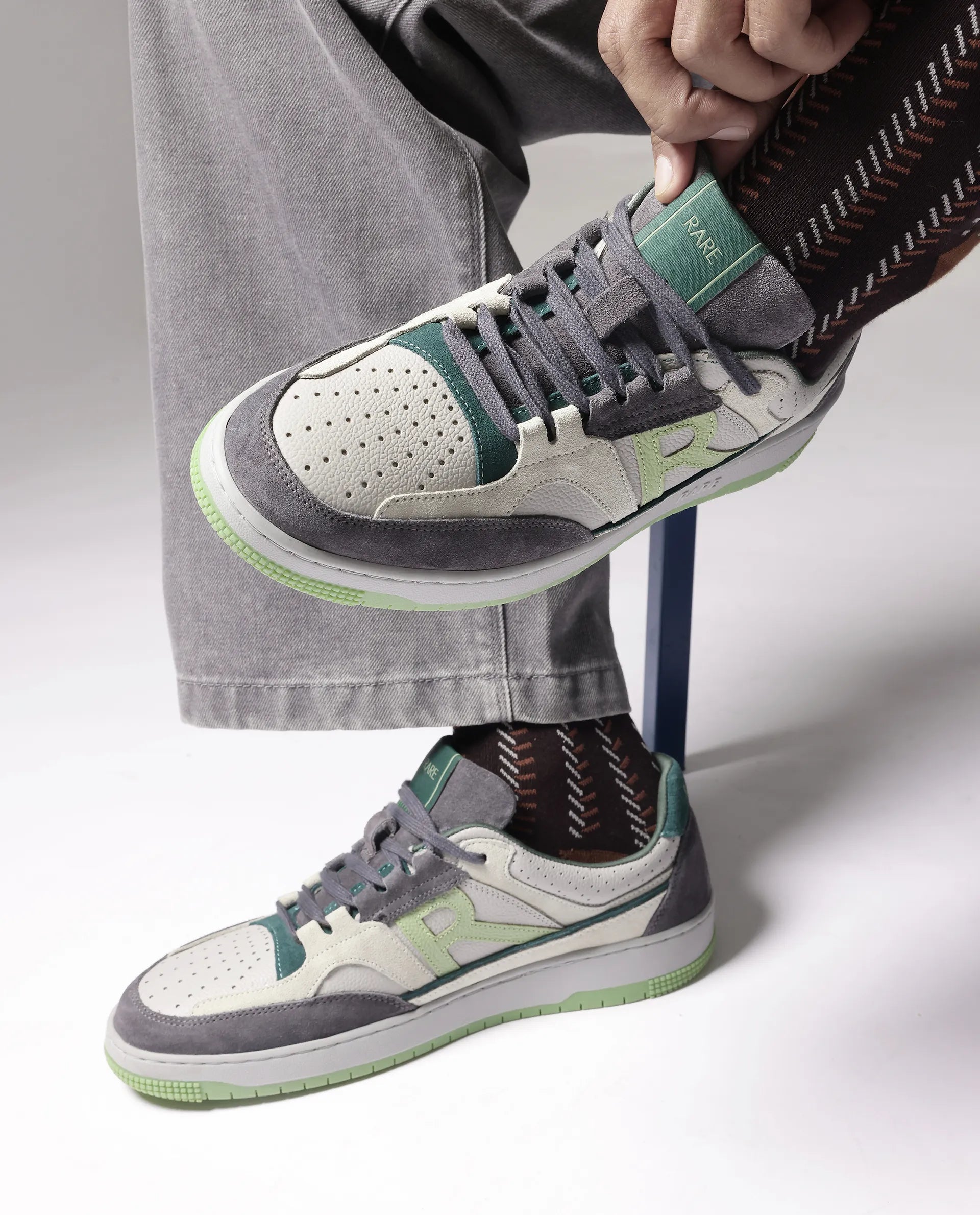 Rare Rabbit Men's Volga Light Green Genuine Leather Fabric Multitoned Low-Top Lace Up Sneaker Shoes