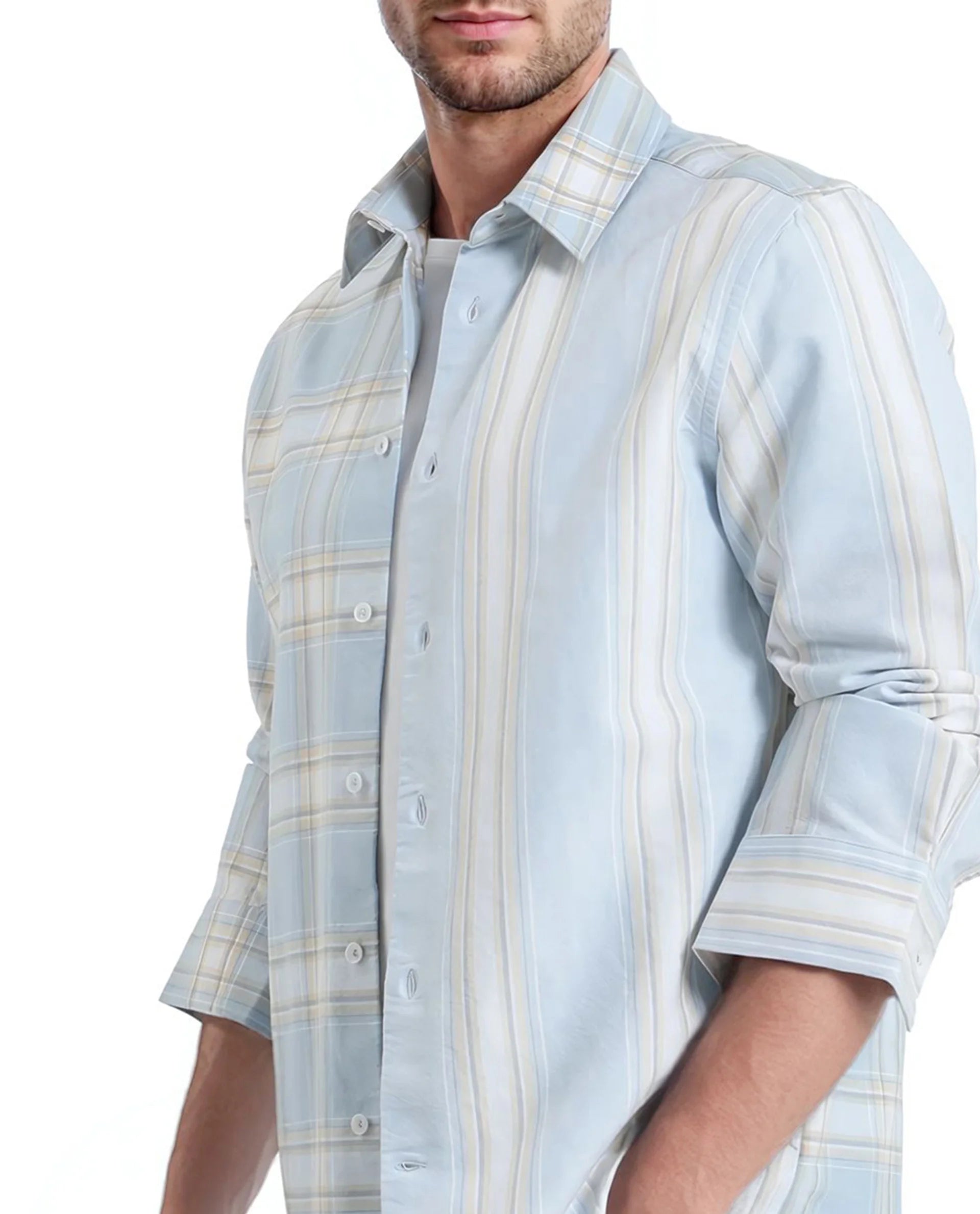 Rare Rabbit Men's Volgos Pastel Blue Cotton Fabric Full Sleeve Regular Fit Check Printed Shirt