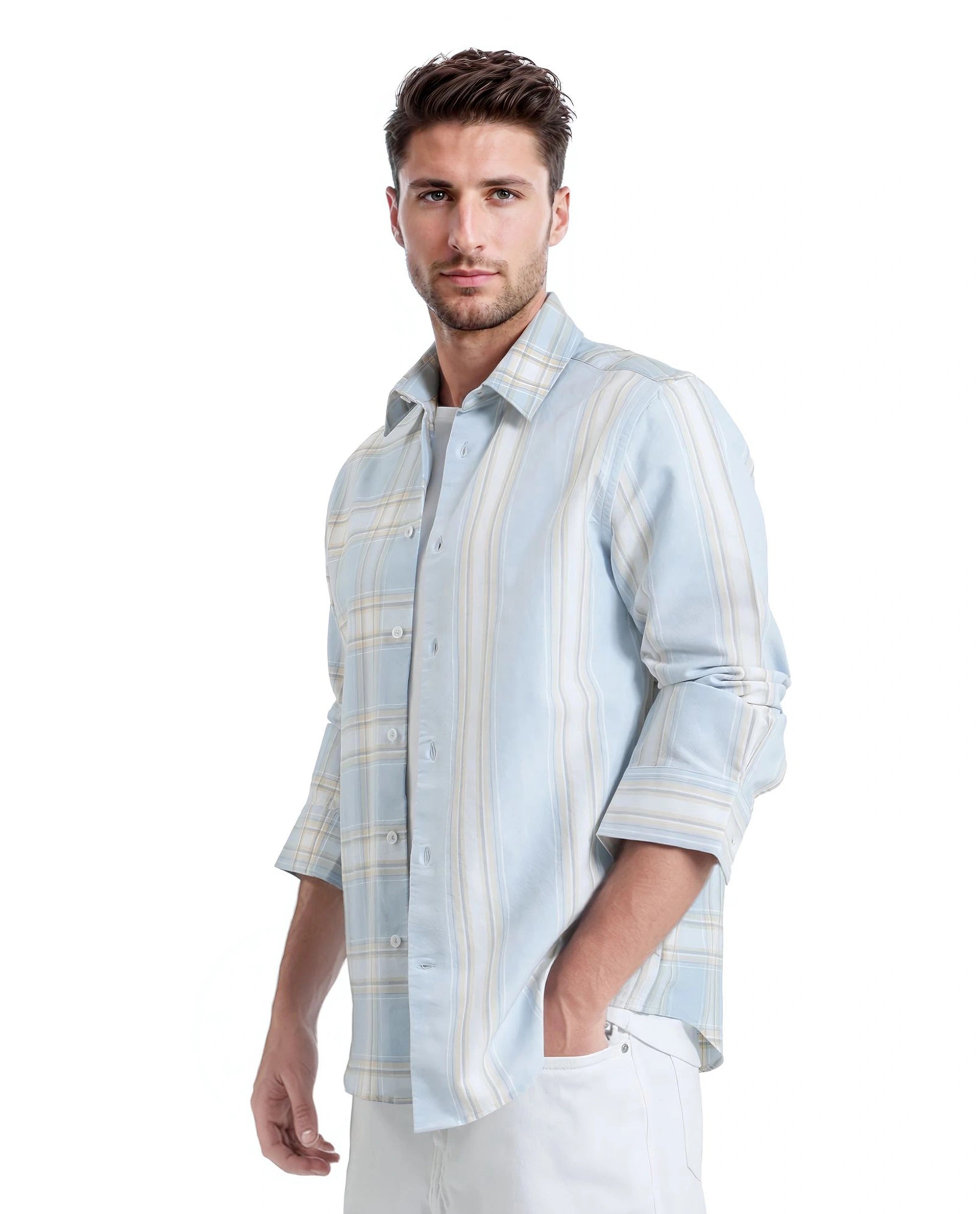 Rare Rabbit Men's Volgos Pastel Blue Cotton Fabric Full Sleeve Regular Fit Check Printed Shirt