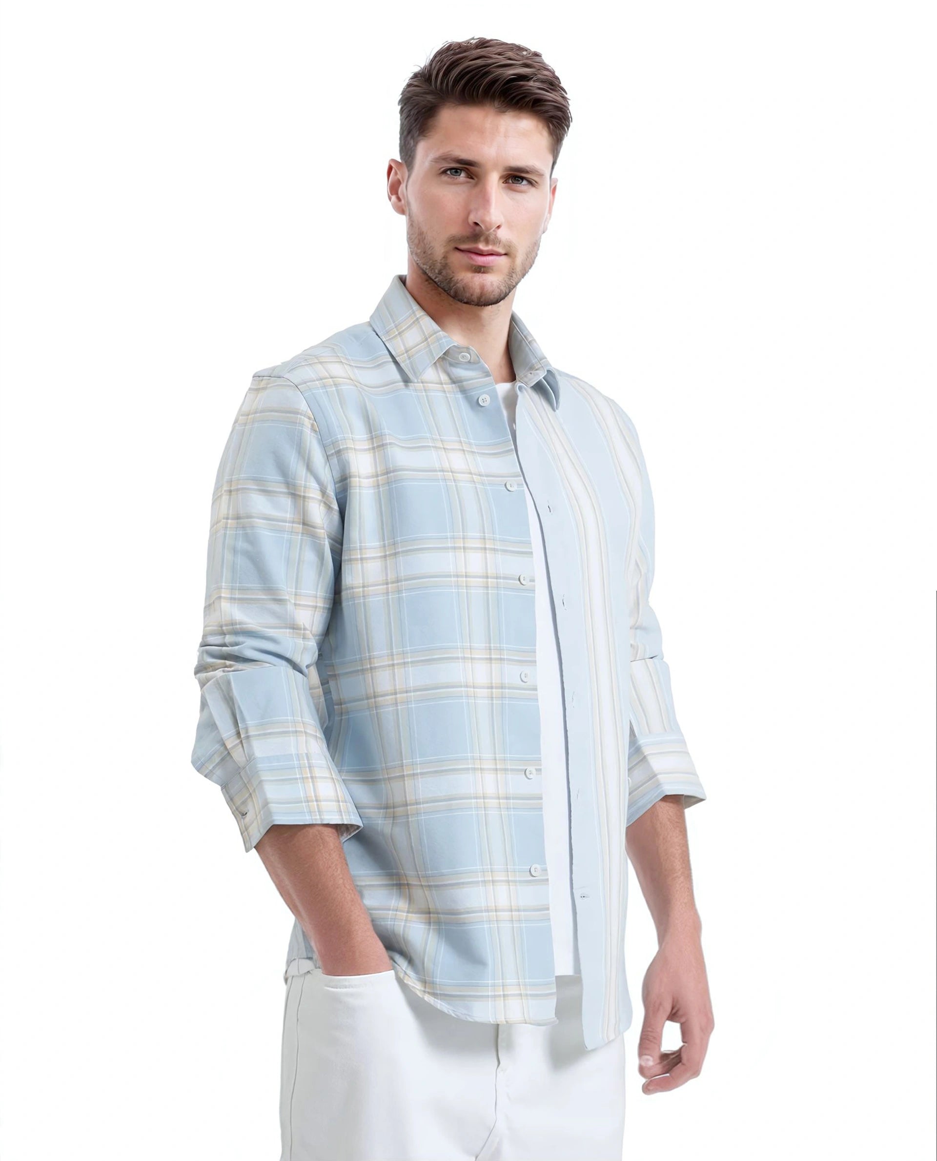 Rare Rabbit Men's Volgos Pastel Blue Cotton Fabric Full Sleeve Regular Fit Check Printed Shirt