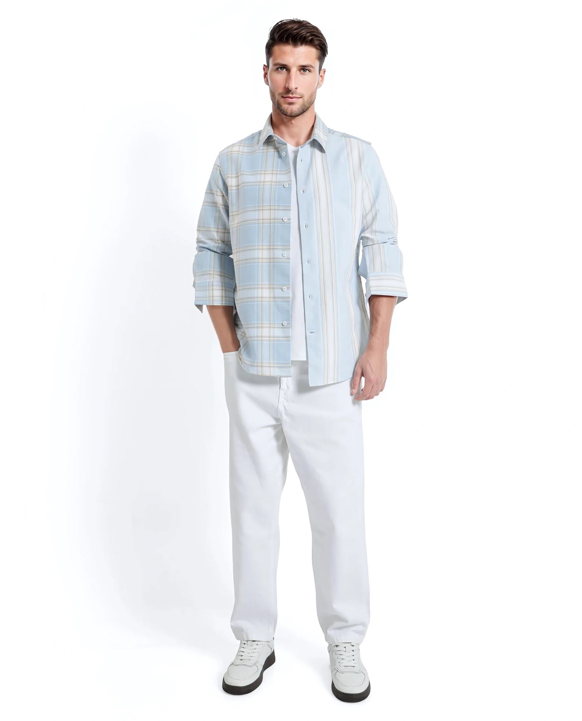 Rare Rabbit Men's Volgos Pastel Blue Cotton Fabric Full Sleeve Regular Fit Check Printed Shirt