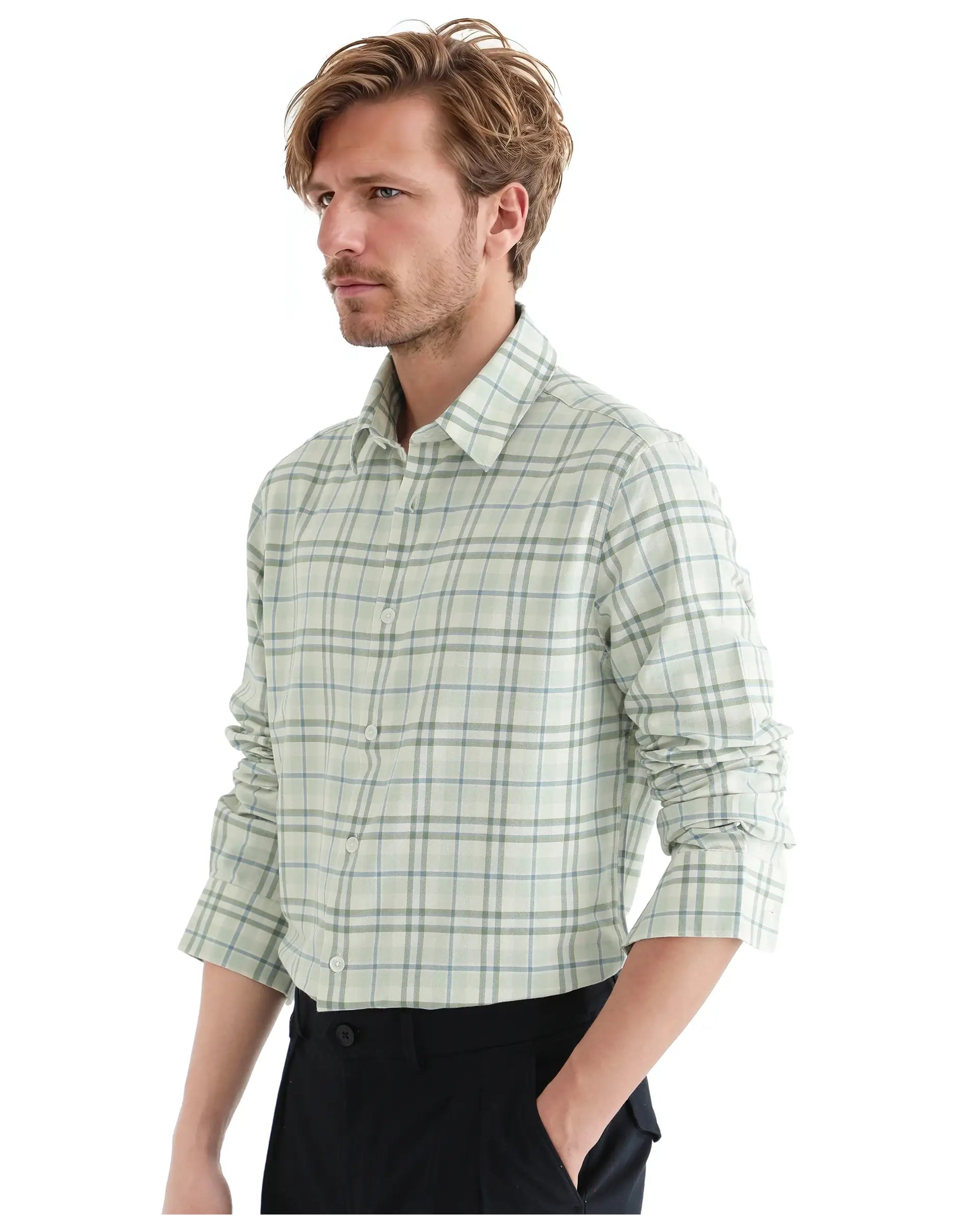 Rare Rabbit Men's Volgos Pastel Green Cotton Fabric Full Sleeve Regular Fit Check Printed ShirtClosure Printed Shirt