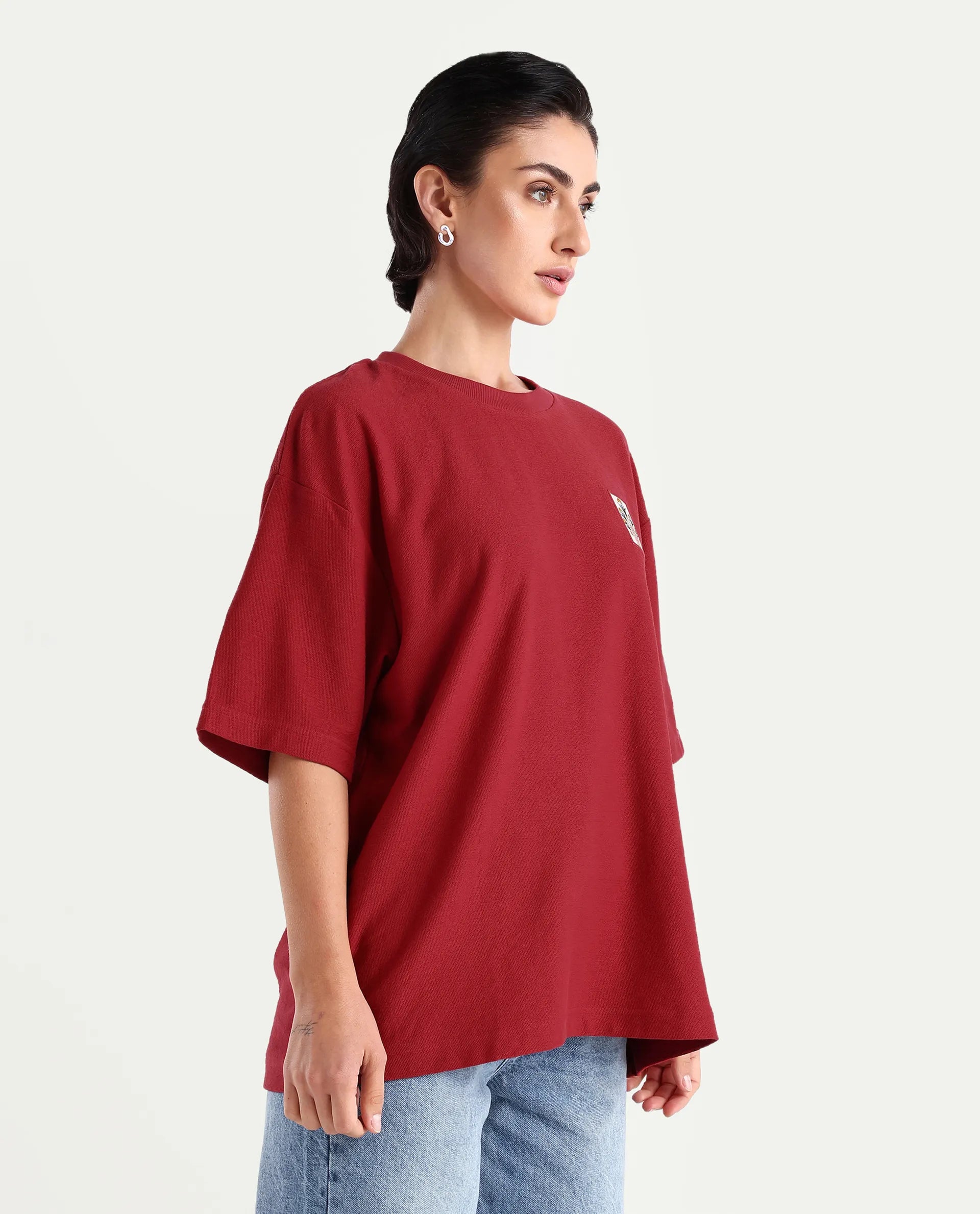 Rareism Women's Volo Red Cotton Graphic Print Oversized T-Shirt