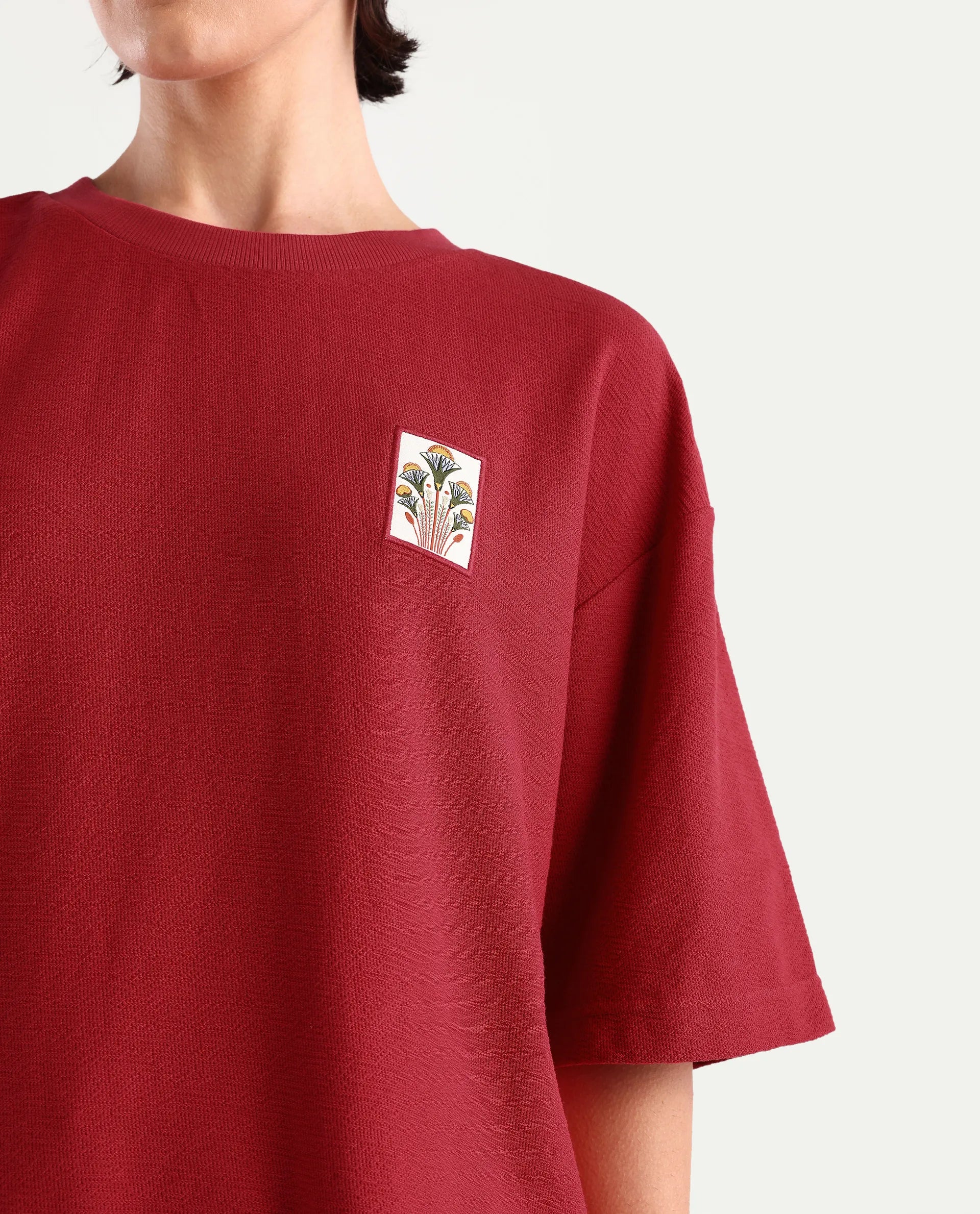 Rareism Women's Volo Red Cotton Graphic Print Oversized T-Shirt