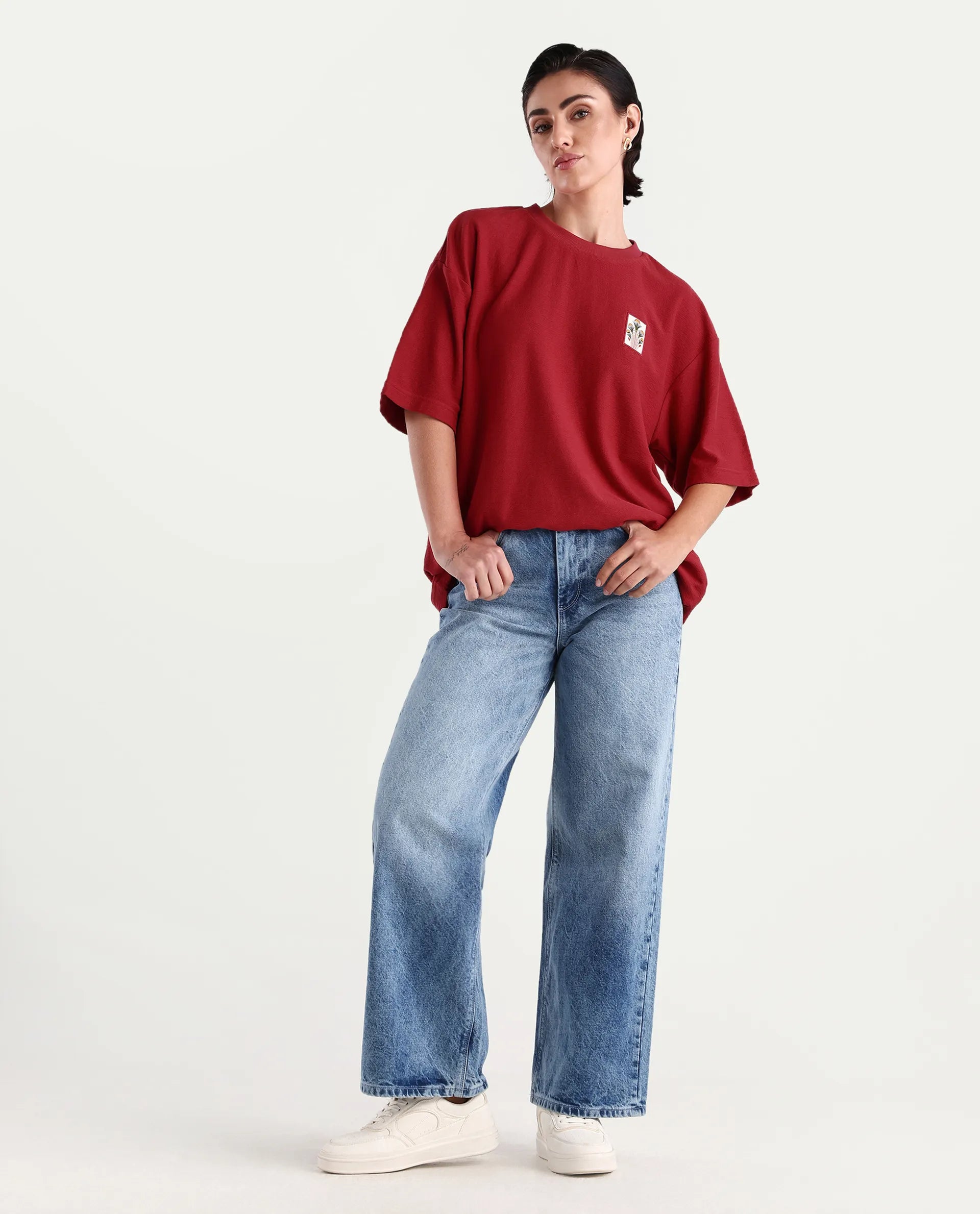 Rareism Women's Volo Red Cotton Graphic Print Oversized T-Shirt