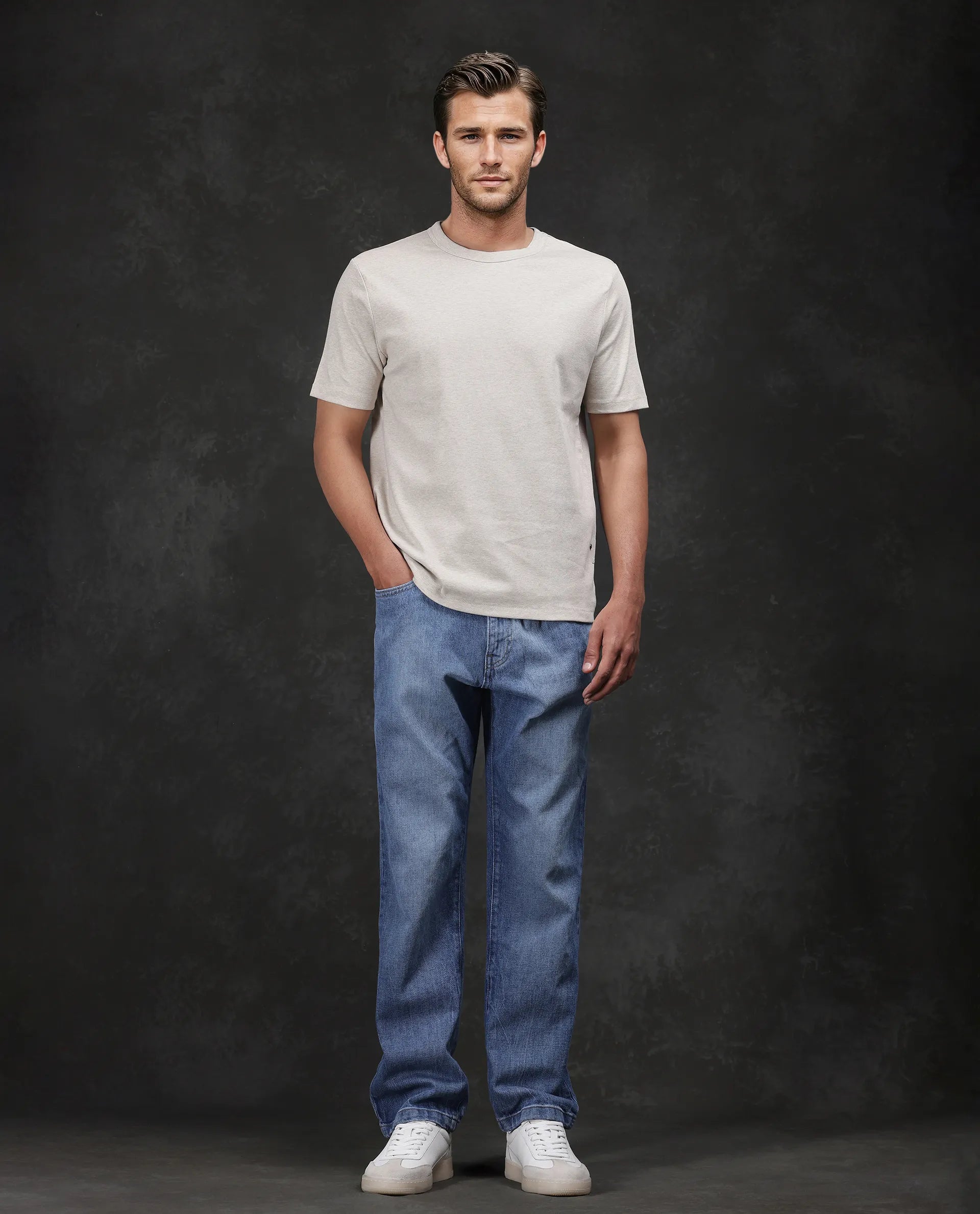 Rare Rabbit Men Volt-Mel Beige Cotton Fabric Short Sleeve Crew Neck Regular Fit Plain T-Shirt