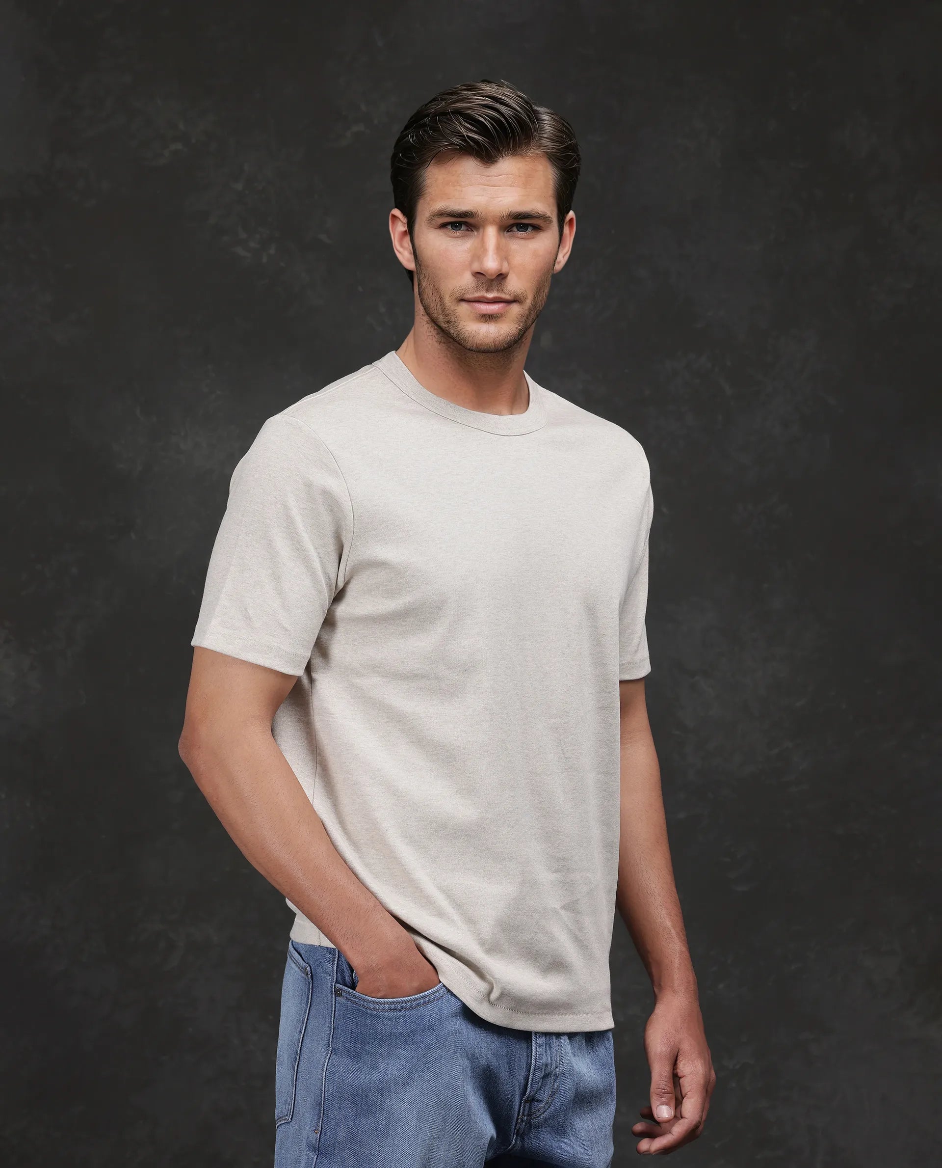 Rare Rabbit Men Volt-Mel Beige Cotton Fabric Short Sleeve Crew Neck Regular Fit Plain T-Shirt