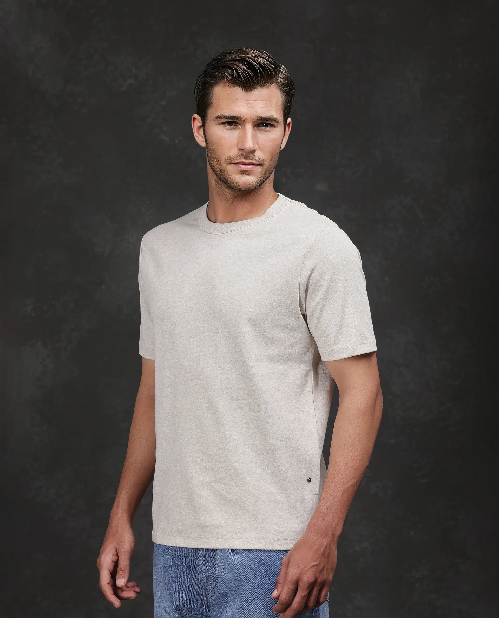 Rare Rabbit Men Volt-Mel Beige Cotton Fabric Short Sleeve Crew Neck Regular Fit Plain T-Shirt