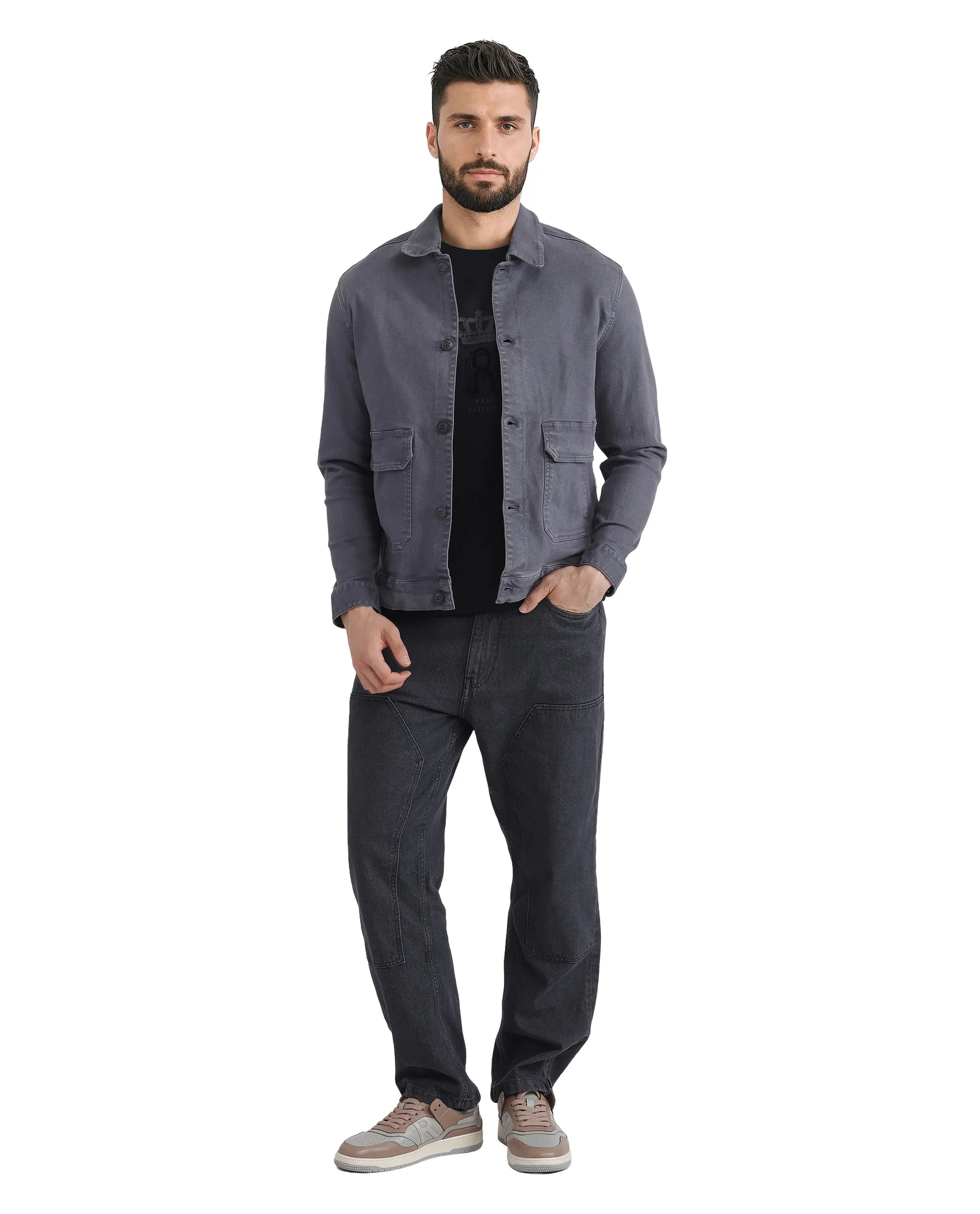 Rare Rabbit Men Volta Dark Grey Cotton Blend Fabric Button Closure Two Front Flap Pocket Regular Fit Plain Jacket