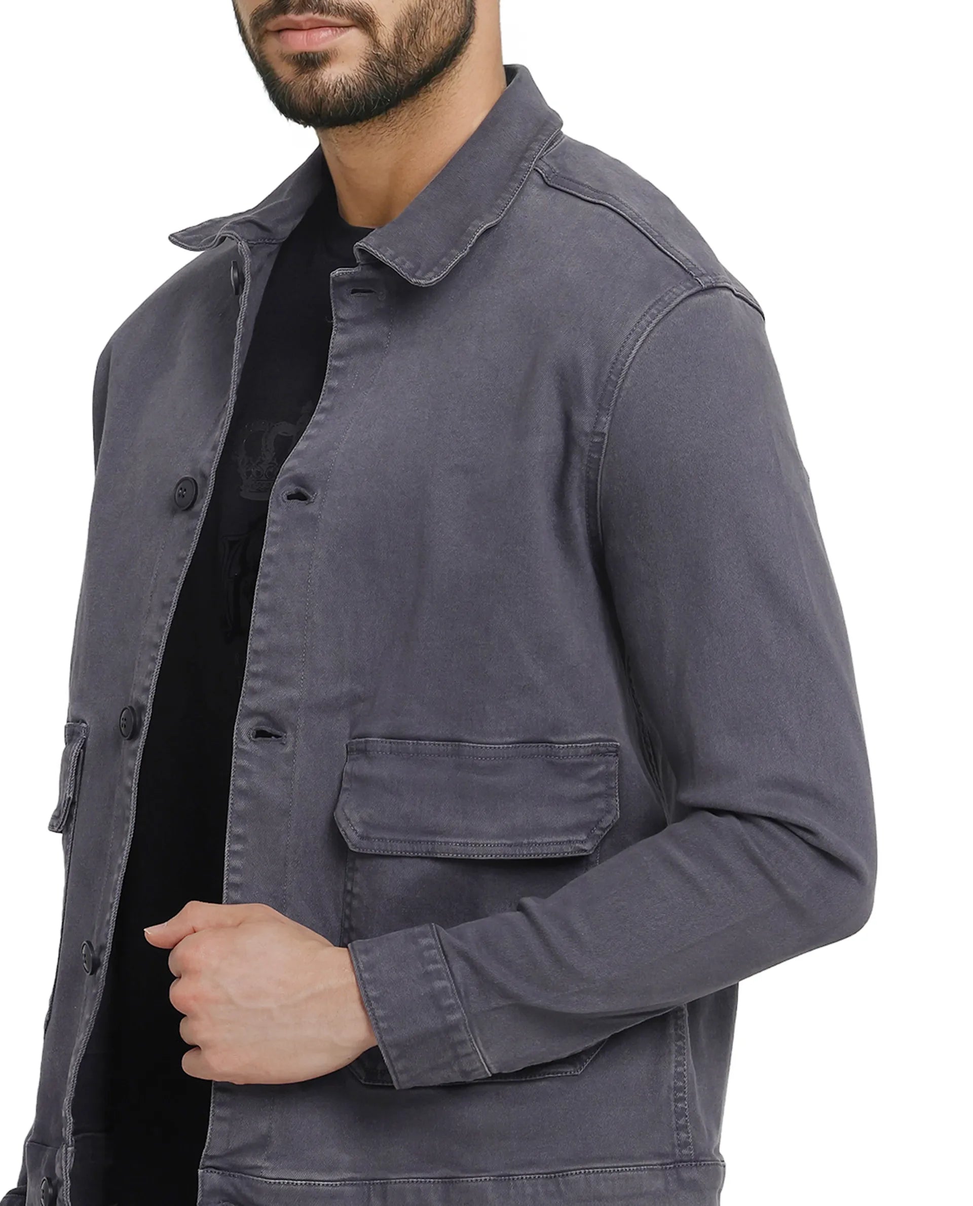 Rare Rabbit Men Volta Dark Grey Cotton Blend Fabric Button Closure Two Front Flap Pocket Regular Fit Plain Jacket