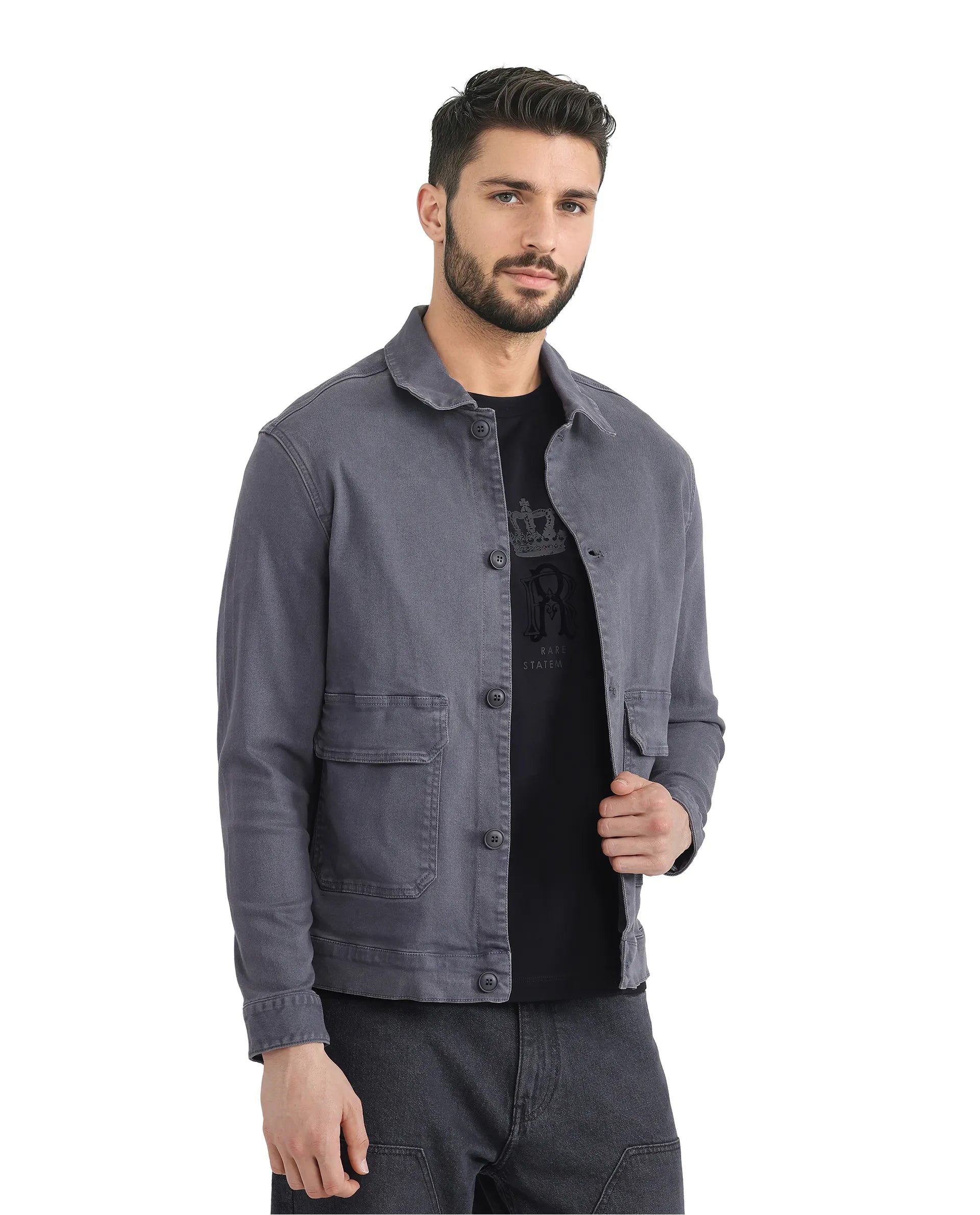 Rare Rabbit Men Volta Dark Grey Cotton Blend Fabric Button Closure Two Front Flap Pocket Regular Fit Plain Jacket