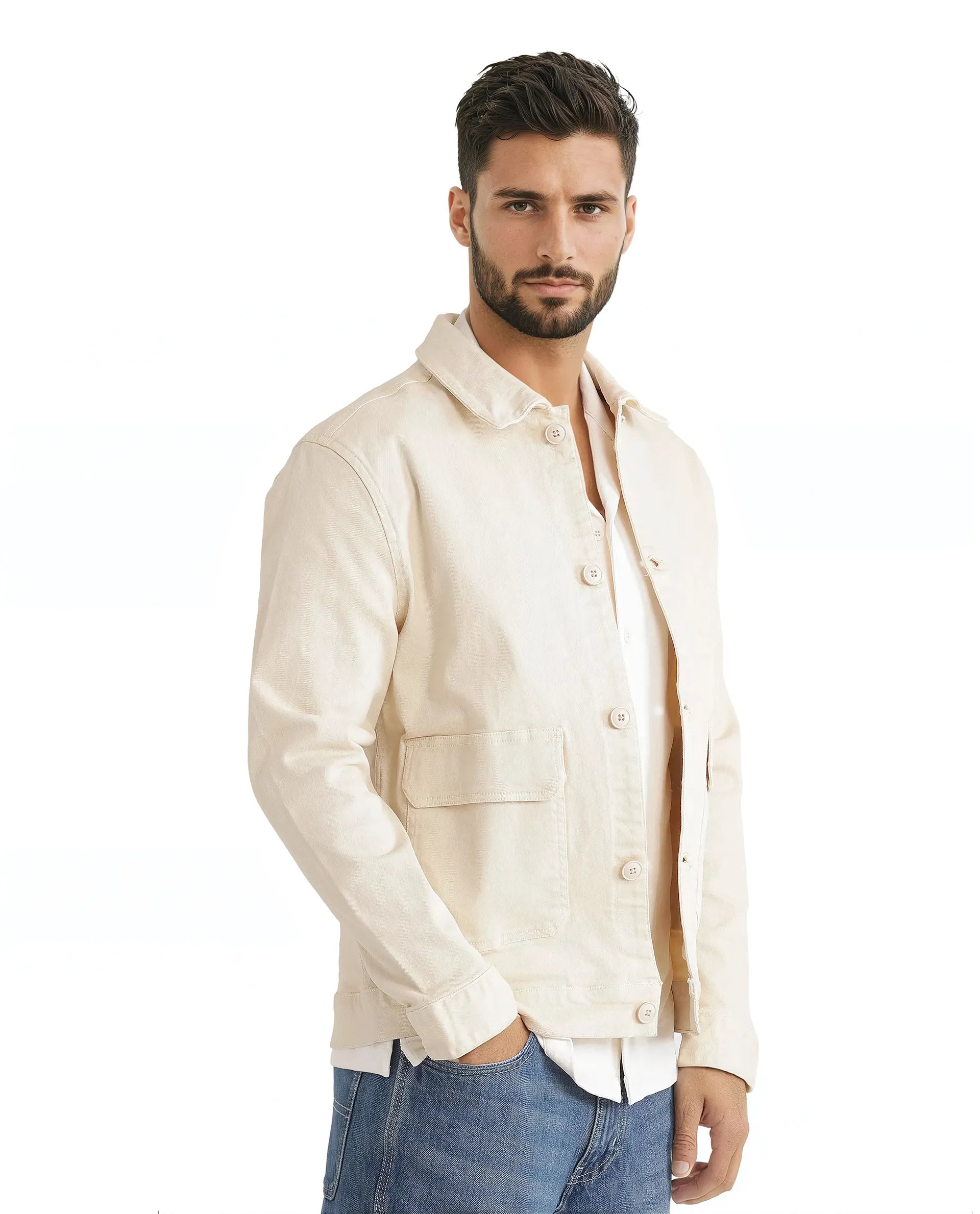 Rare Rabbit Men Volta Off White Cotton Blend Fabric Button Closure Two Front Flap Pocket Regular Fit Plain Jacket