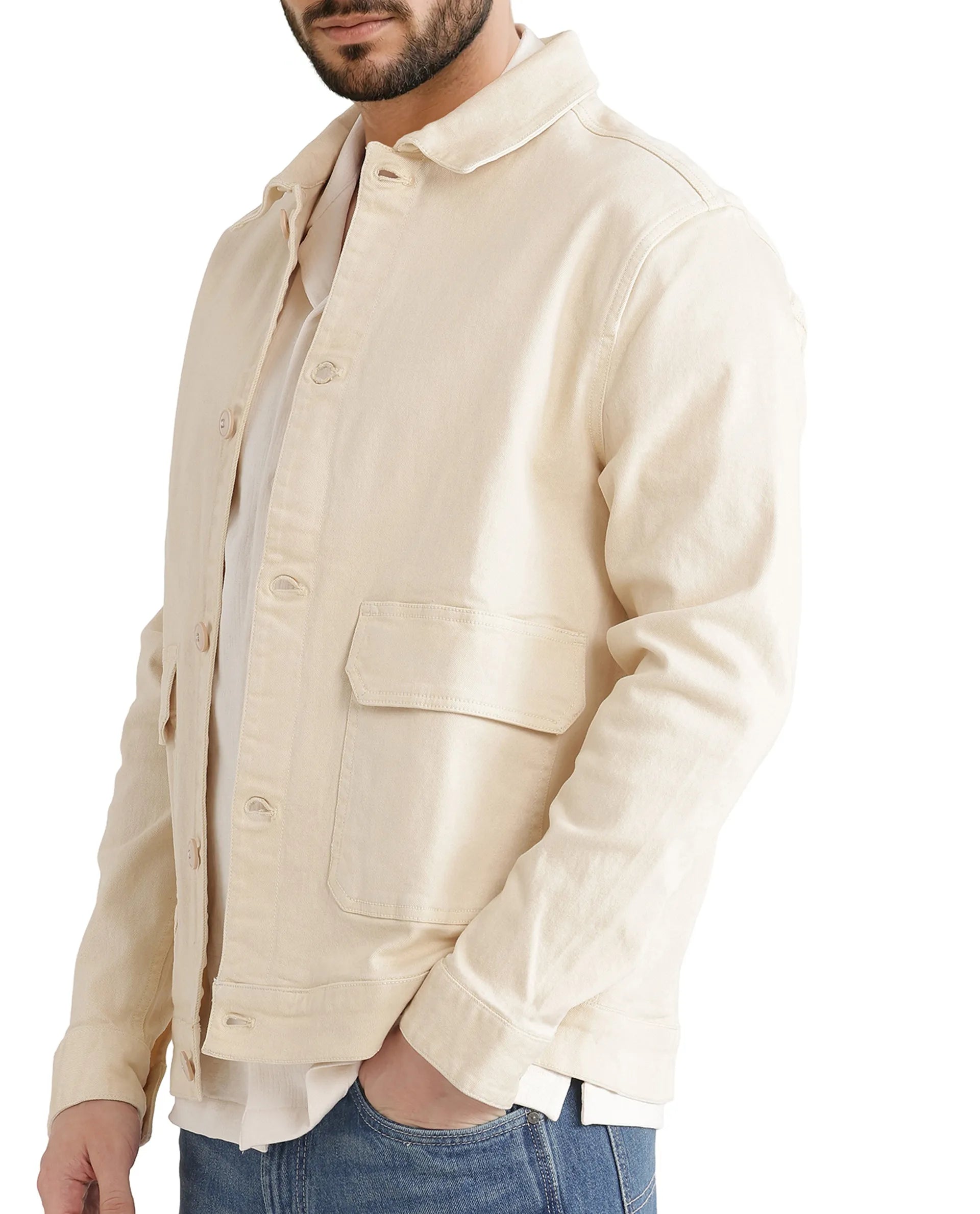 Rare Rabbit Men Volta Off White Cotton Blend Fabric Button Closure Two Front Flap Pocket Regular Fit Plain Jacket