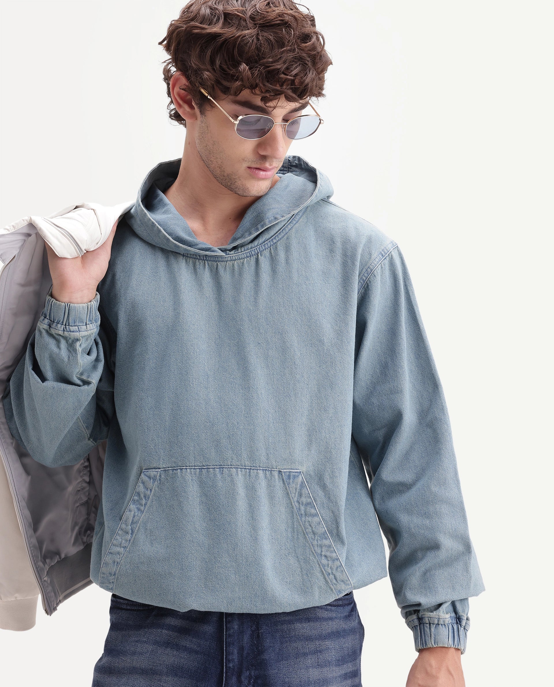Rare Rabbit Men's Voltas Light Blue Cotton Plain Oversized Fit Full Sleeve Hooded Sweatshirt
